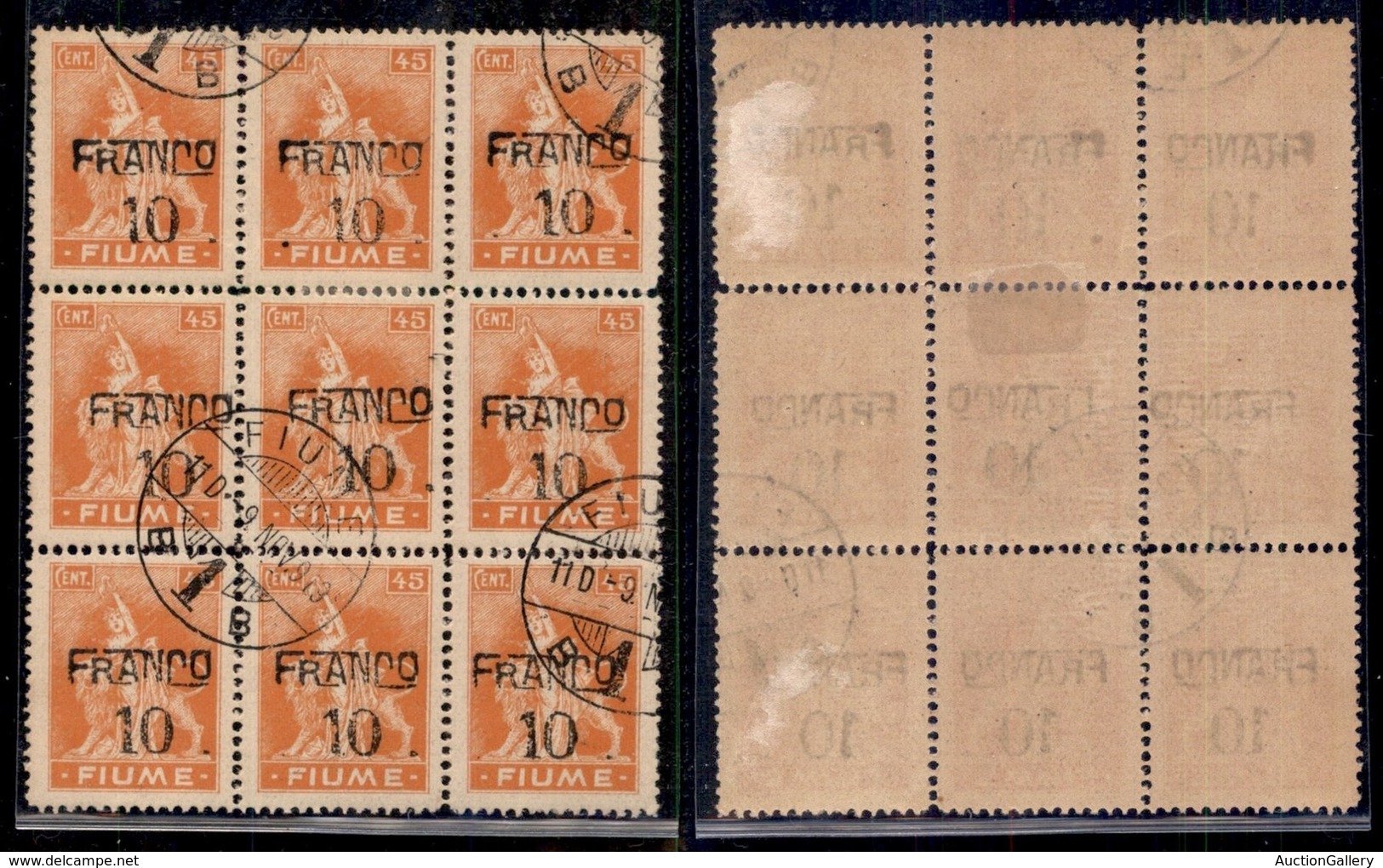 Occupazioni I Guerra Mondiale - Fiume - 1919 - Franco 10 Su 45 Cent (C77) - Blocco Usato Di 9 - Altri & Non Classificati
