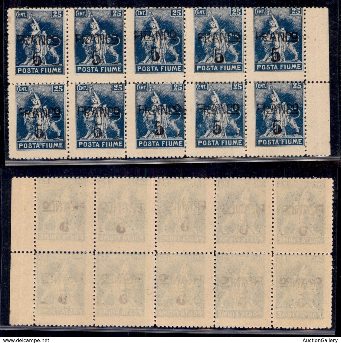 Occupazioni I Guerra Mondiale - Fiume - 1919 - Franco 5 Su 25 Cent (D76) - Blocco Di 10 - Gomma Integra - Other & Unclassified