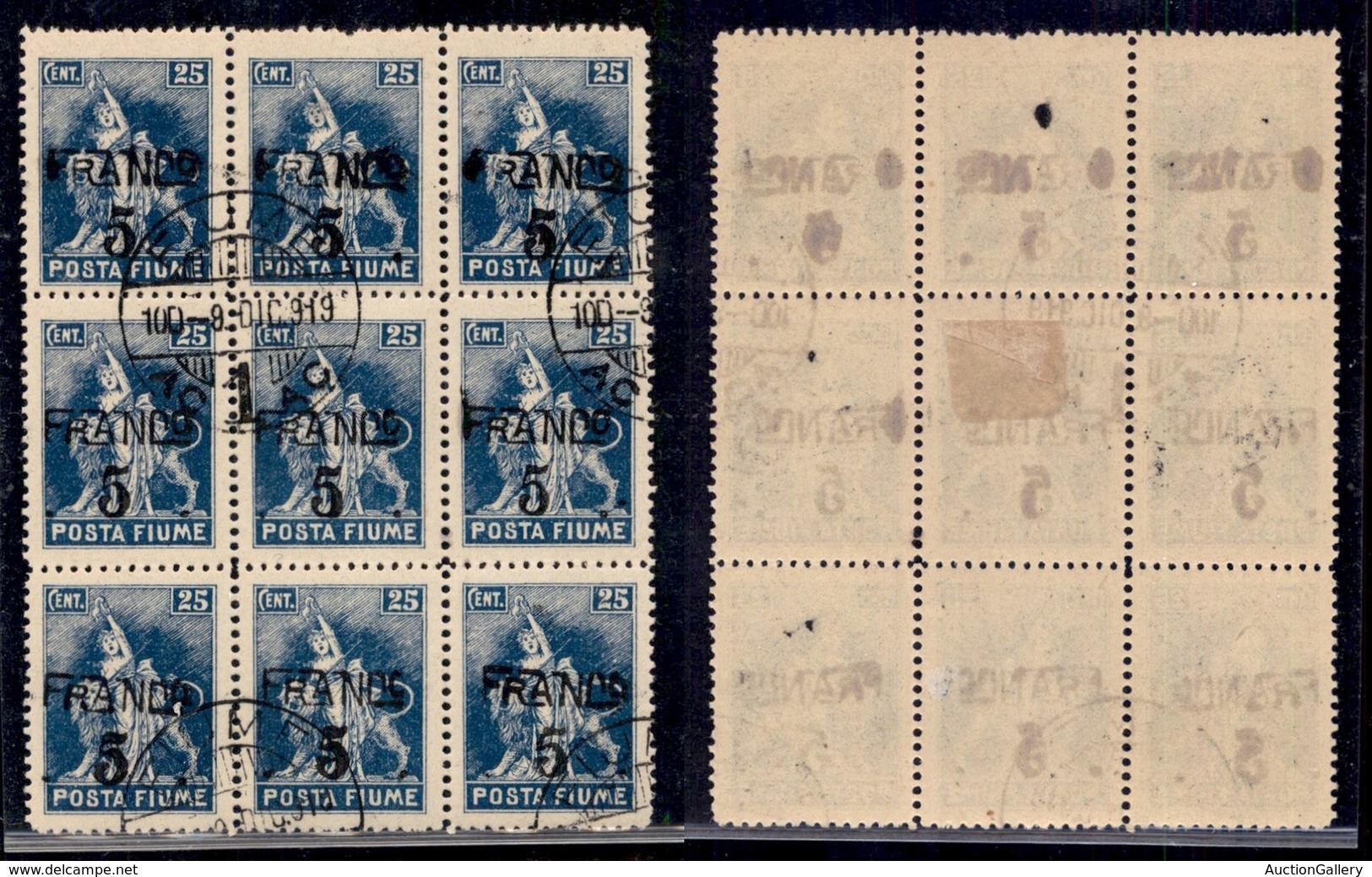 Occupazioni I Guerra Mondiale - Fiume - 1919 - Franco 5 Su 25 Cent (D76) - Blocco Usato Di 9 - Other & Unclassified