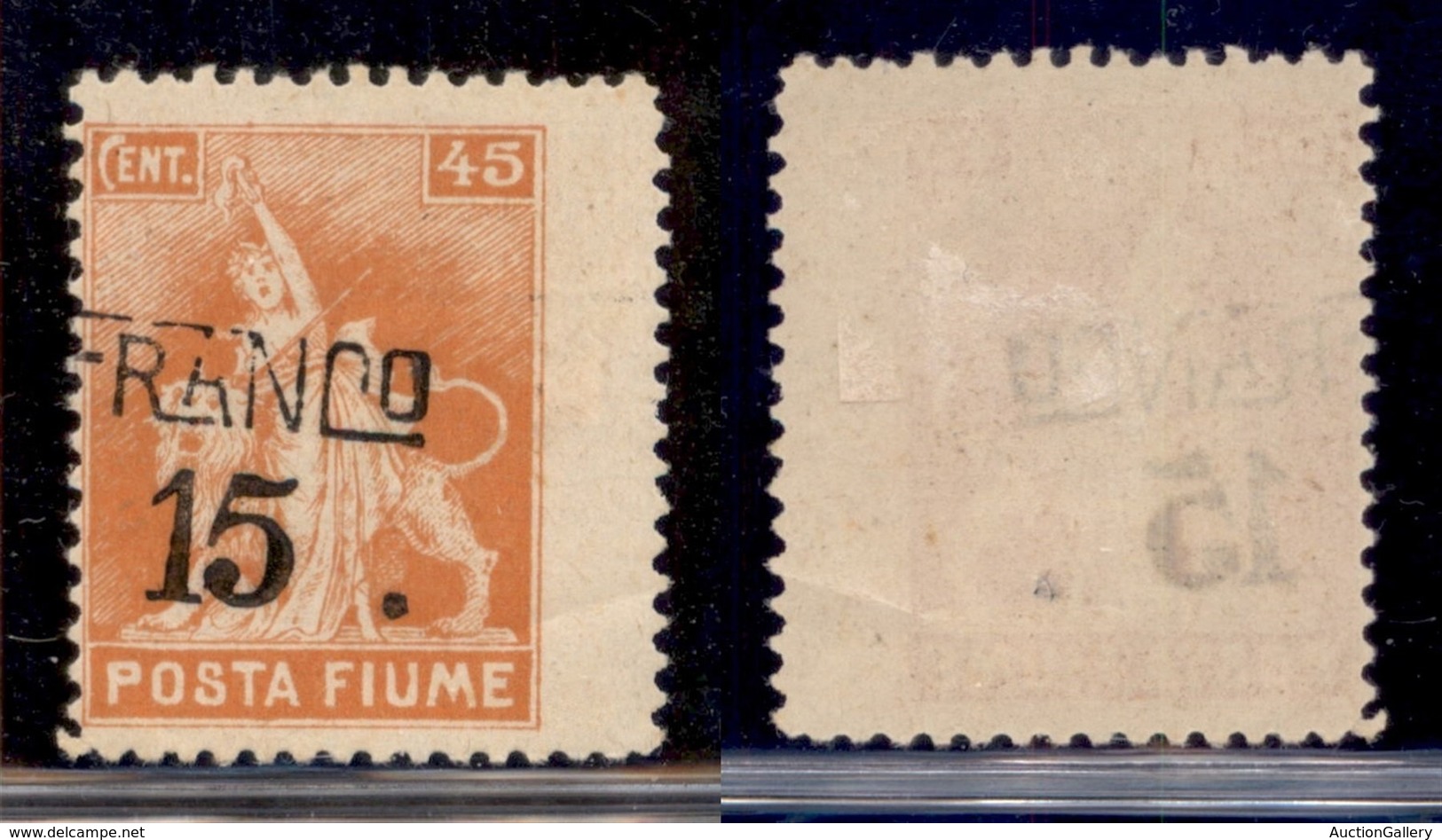 Occupazioni I Guerra Mondiale - Fiume - 1919 - Franco 15 Su 45 Cent (D79ga) Con Soprastampa Obliqua + Dentellatura Verti - Autres & Non Classés