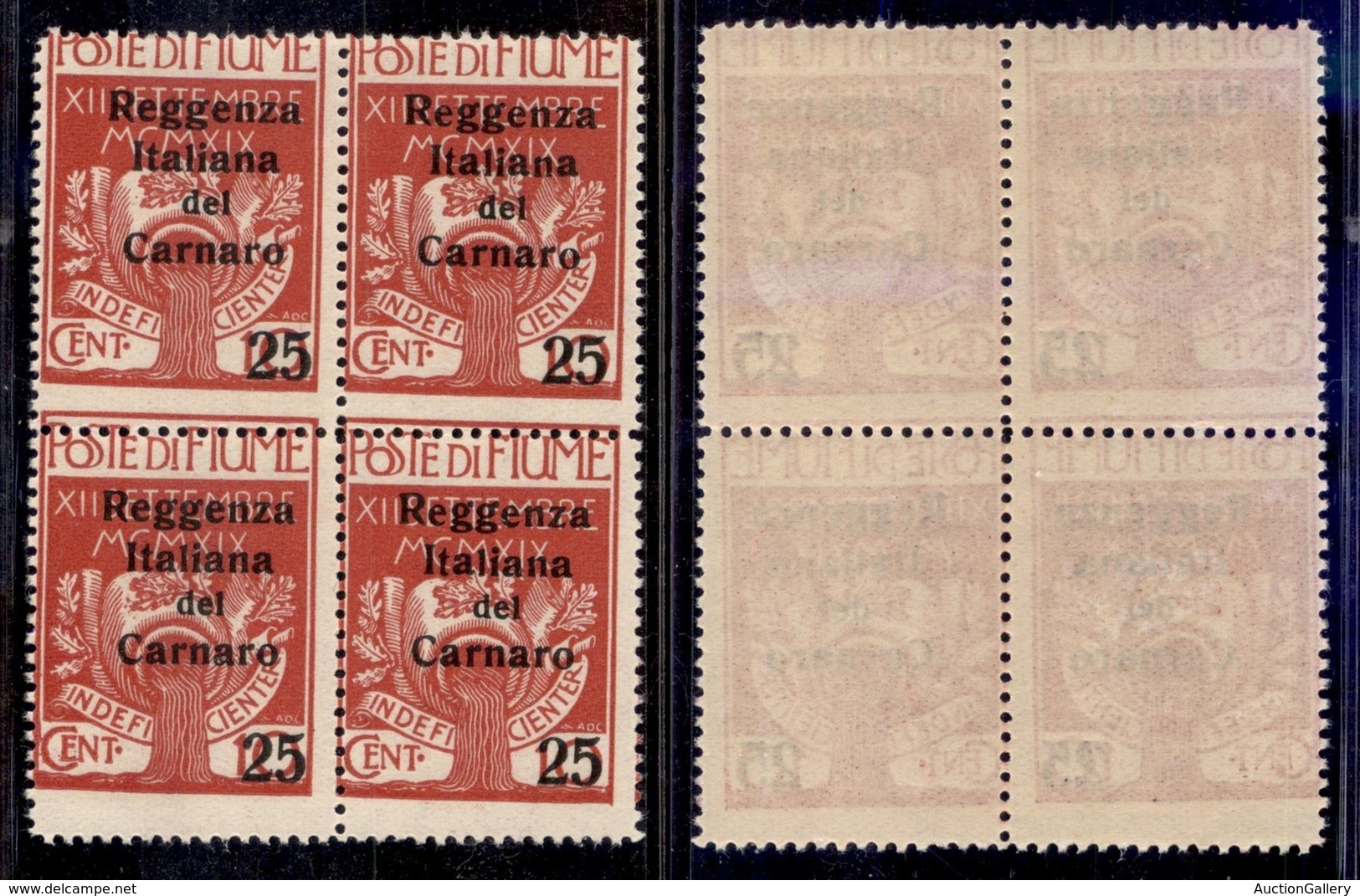 Occupazioni I Guerra Mondiale - Fiume - 1920 - 25 Su 10 Cent Reggenza (140-varietà) - Quartina - Dentellatura Spostata I - Other & Unclassified