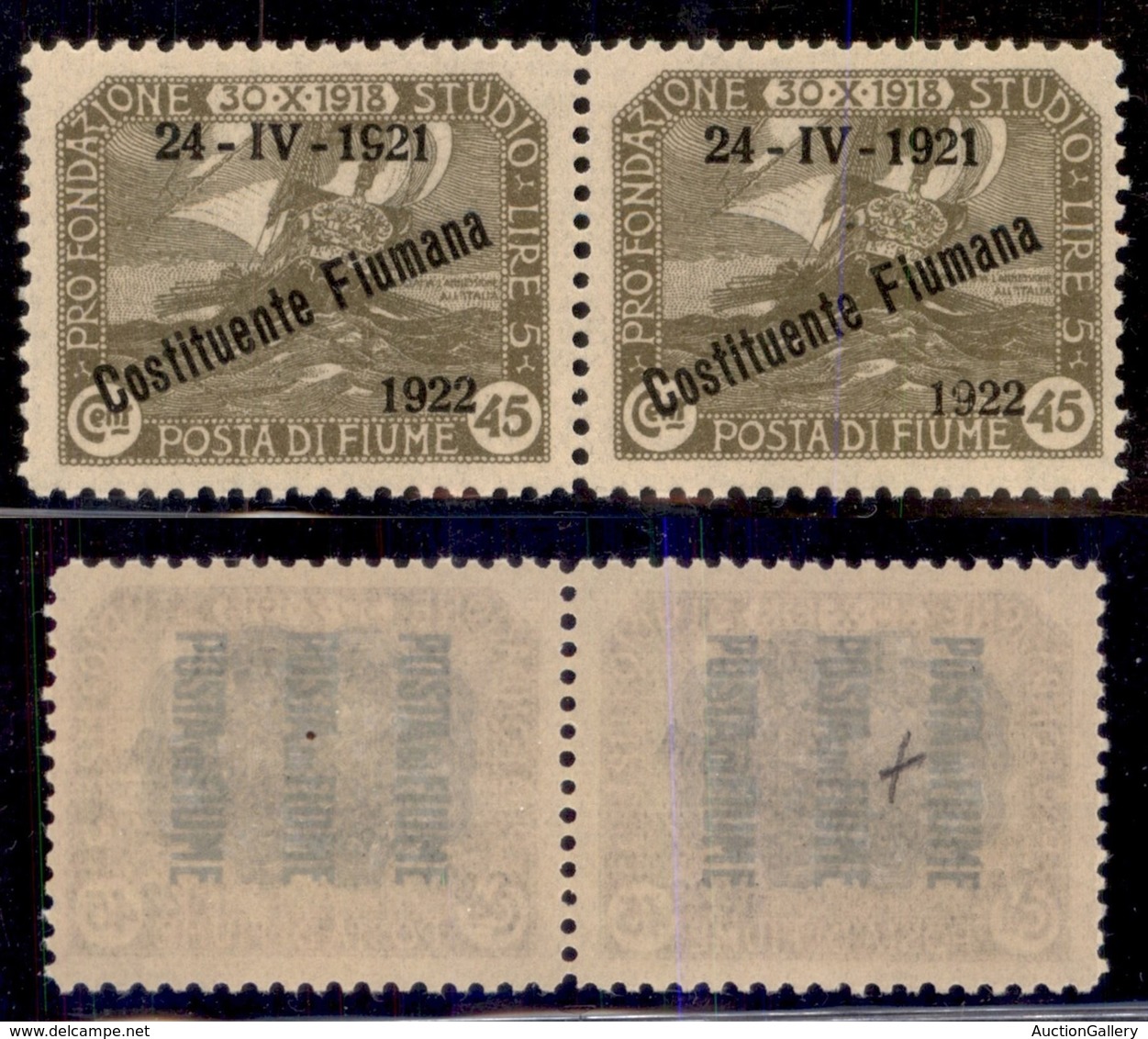 Occupazioni I Guerra Mondiale - Fiume - 1922 - 45 Cent Costituente (183 Varietà) - Coppia Con 9 Rotto In Alto A Sinistra - Autres & Non Classés