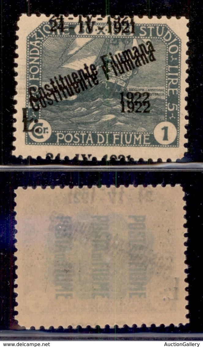 Occupazioni I Guerra Mondiale - Fiume - 1922 - L Su 1 Corona Costituente (186f) Con Doppia Dentellatura - Gomma Integra - Autres & Non Classés