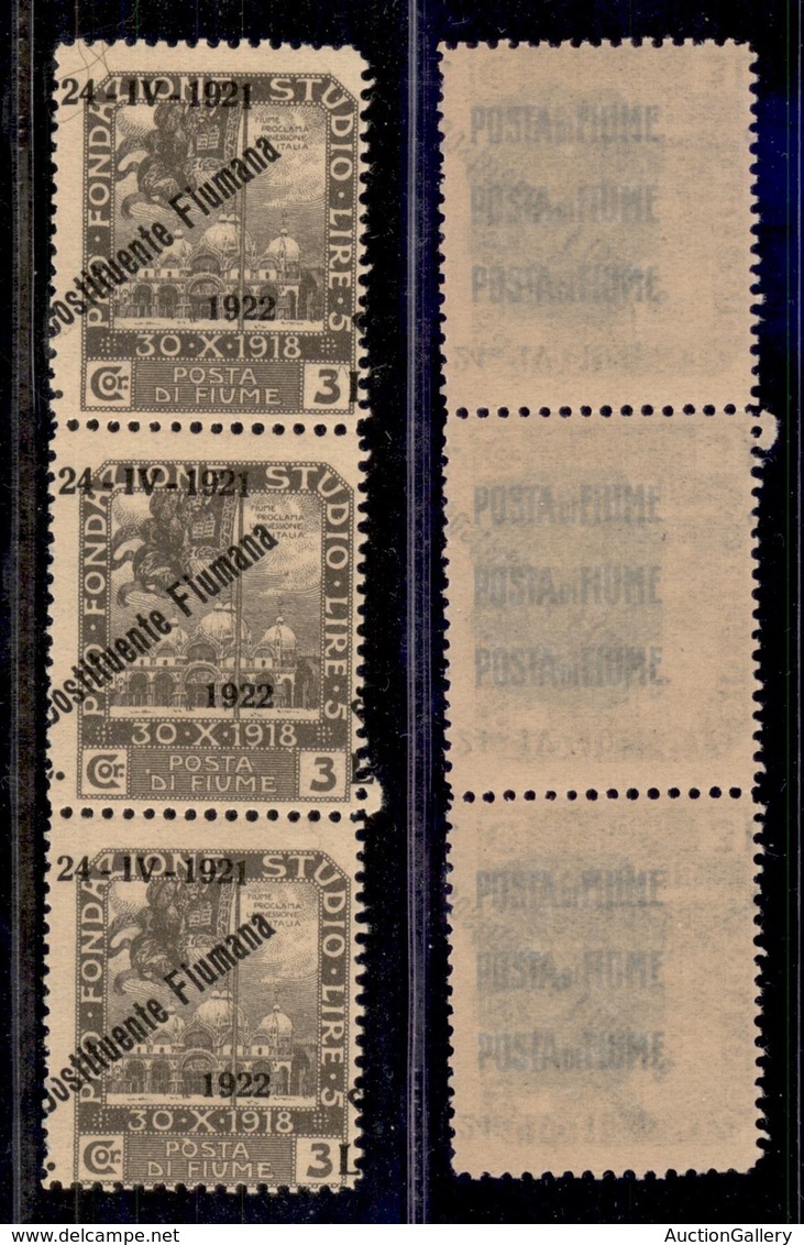 Occupazioni I Guerra Mondiale - Fiume - 1922 - 3 Lire Costituente (188k Varietà) - L A Destra (a Cavallo) - Striscia Ver - Autres & Non Classés