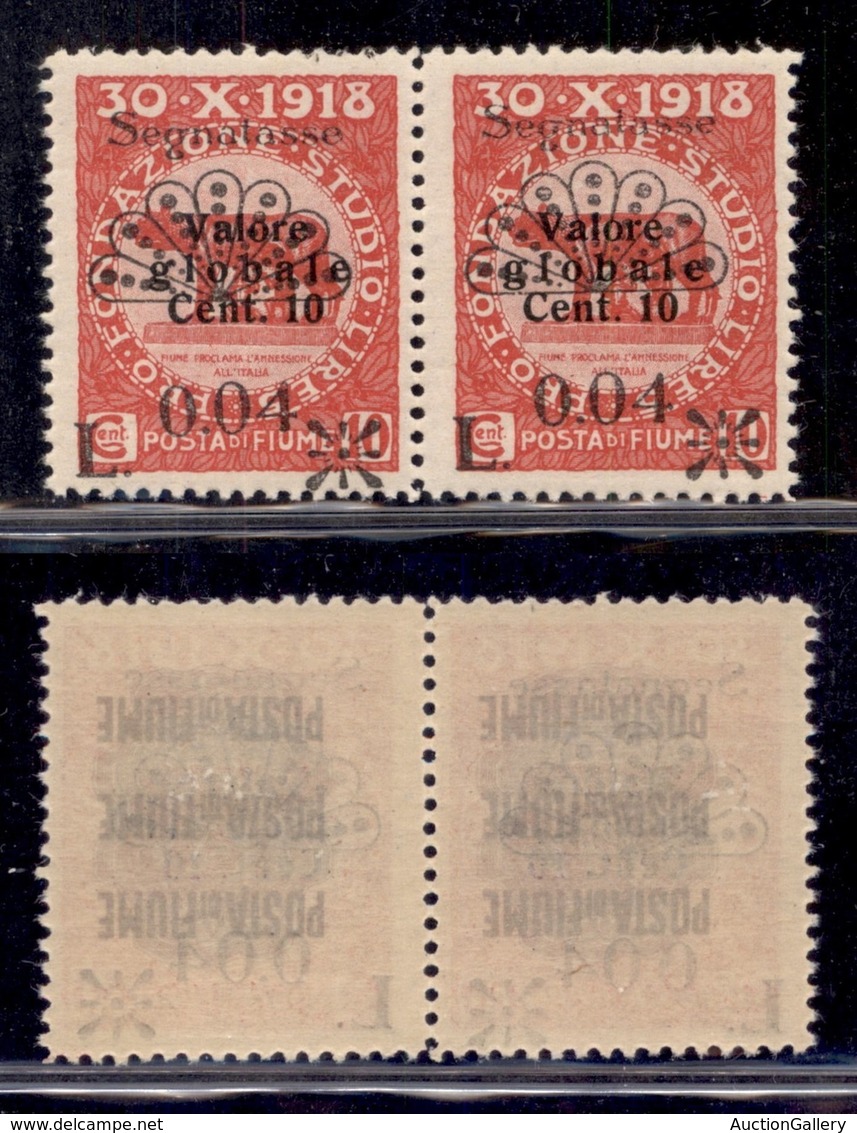 Occupazioni I Guerra Mondiale - Fiume - 1921 - Segnatasse - 0,04 Su 10 Cent (26g) - Coppia Con Soprastampe Oblique - Gom - Autres & Non Classés