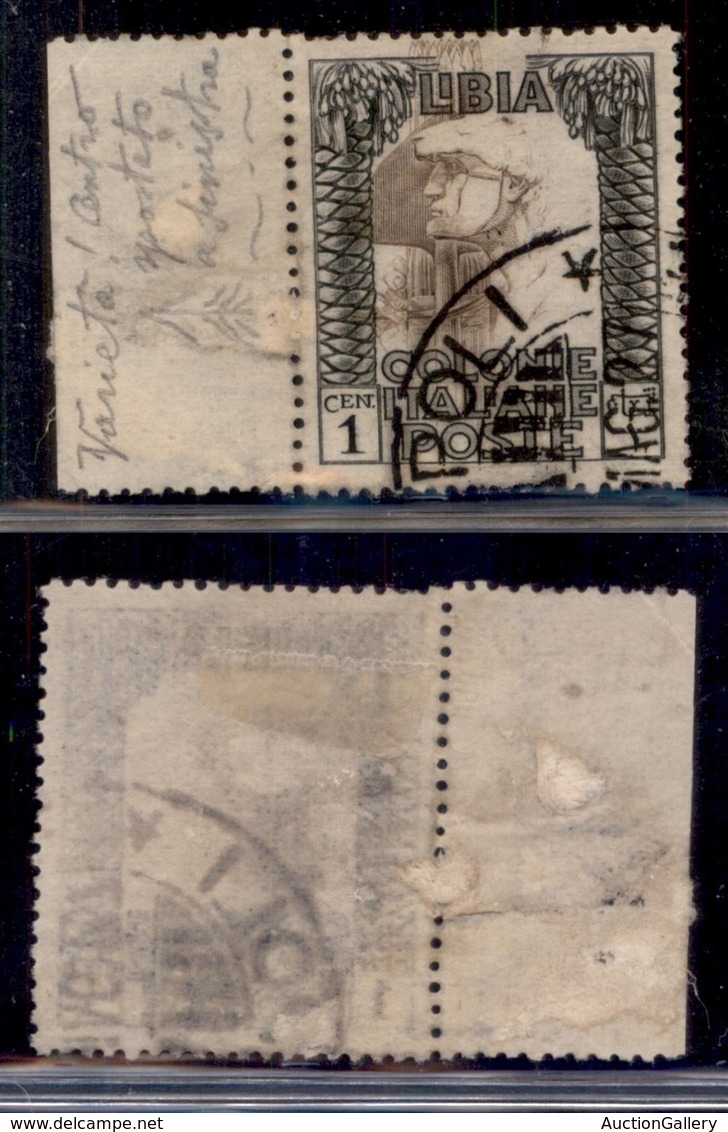 Colonie - Libia - 1924 - 1 Cent Pittorica (44f) Bordo Foglio Usato A Tripoli - Centro Spostato A Sinistra - Other & Unclassified