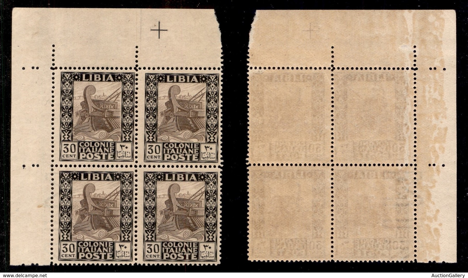 Colonie - Libia - 1924 - 30 Cent Pittorica (50+50zg) - Blocco Angolare Di 4 - Filigrana Lettere In Basso A Sinistra - Go - Other & Unclassified