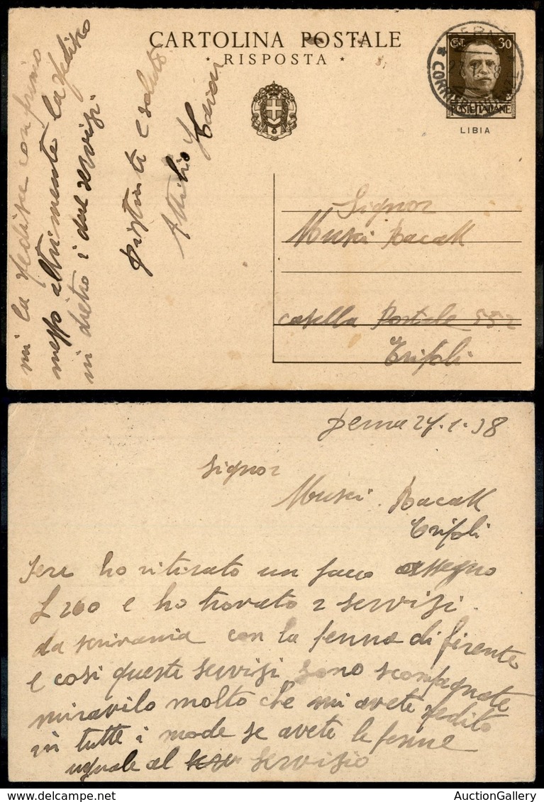 Colonie - Libia - Derna Corrispondenze 27.1.38 - Intero Postale Da 30 Cent (21-Risposte) Per Tripoli - Autres & Non Classés