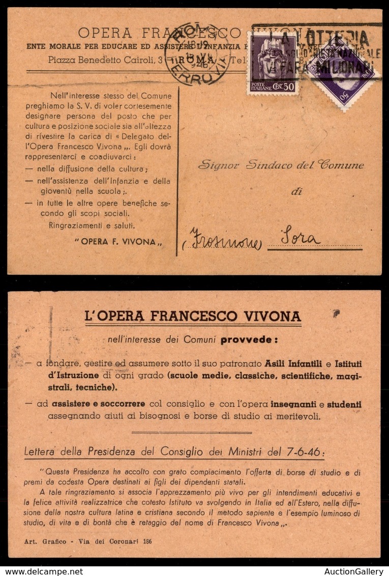 Repubblica - Gemelli - 50 Cent Turrita + 50 Cent Imperiale (Regno 251 + 538) Su Cartolina Da Roma A Sora Del 15.7.46 - Autres & Non Classés