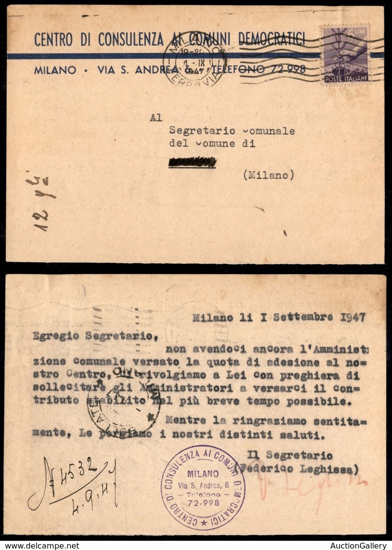 Repubblica - 6 Lire Democratica (556) Isolato Su Cartolina Per Città - Milano 1.9.47 - Autres & Non Classés