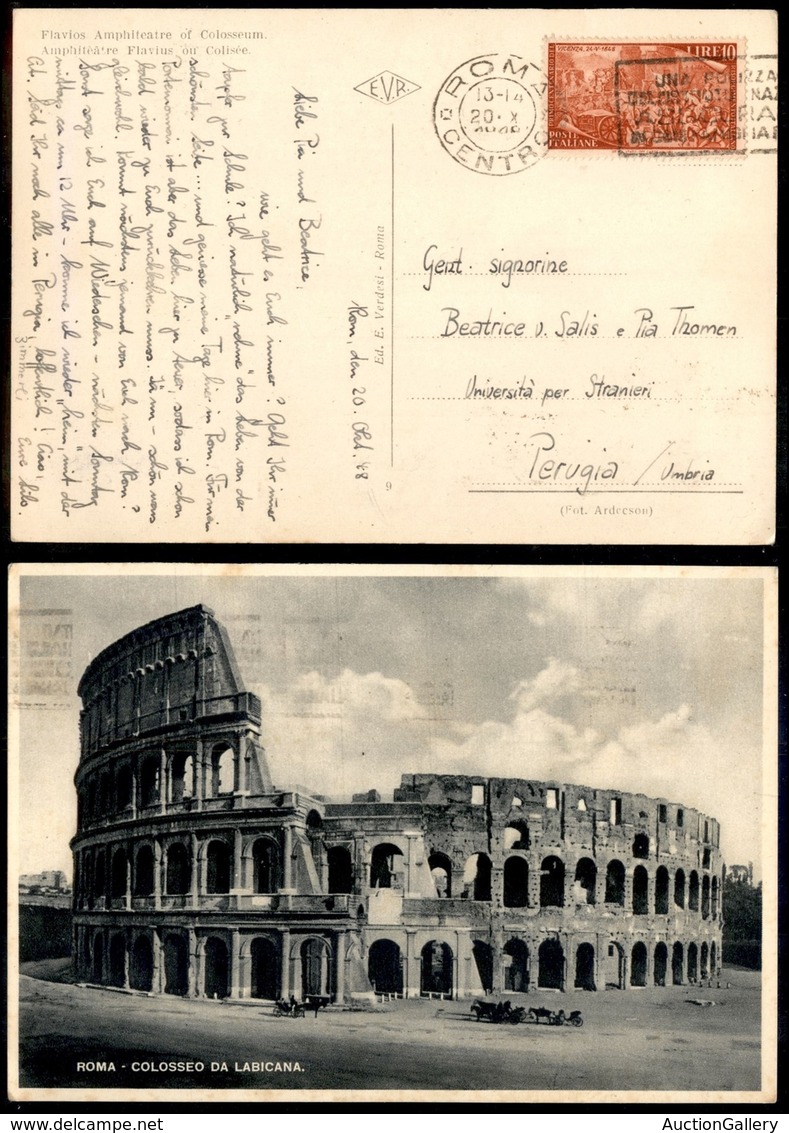 Repubblica - 10 Lire Risorgimento (585) Isolato Su Cartolina Da Roma A Perugia Del 20.10.48 - Autres & Non Classés