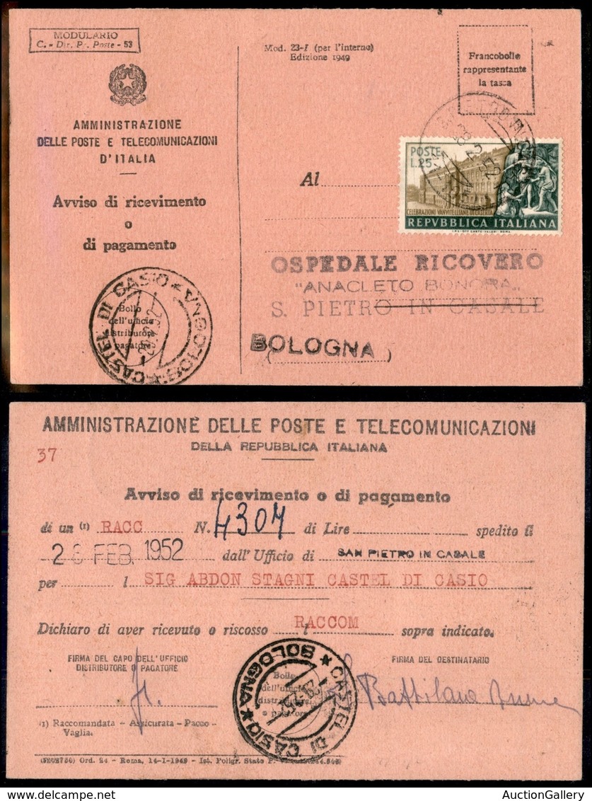 Repubblica - 25 Lire Celebrazioni Vanvitelliane (683) Isolato Su Avviso Di Ricevimento - Castel Di Casio 29.2.52 - Otros & Sin Clasificación