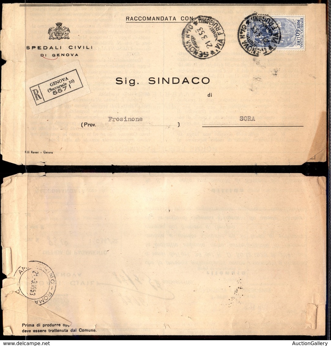 Repubblica - 60 Lire Leonardo (687) Isolato Su Piego Raccomandato Da Genova A Sora Del 21.3.53 - Autres & Non Classés