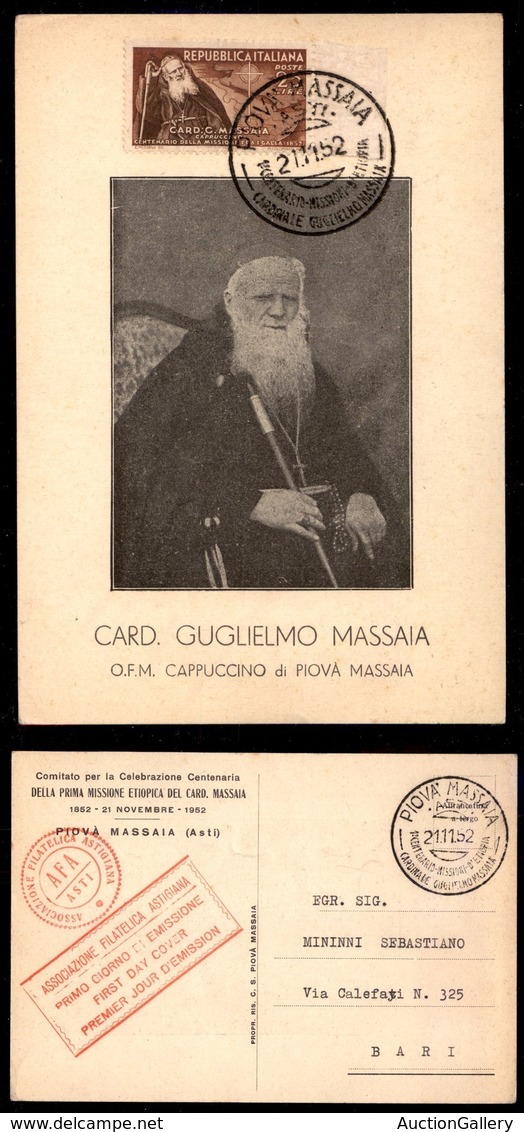 Repubblica - Maximum - 25 Lire Massaia (702) Su Cartolina FDC Da Asti A Bari Del 21.11.52 - Autres & Non Classés