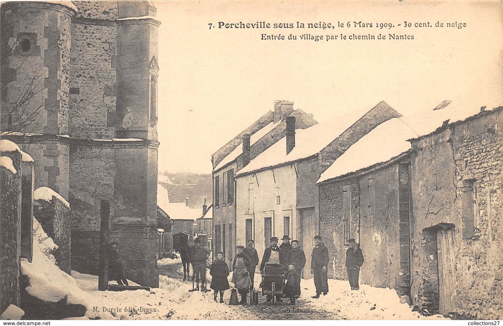 78-PORCHEVILLE-SOUS LA NEIGE- LE 6 MARS 1909, ENTREE DU VILLAGE PAR LE CHAMIN DE NANTES - Porcheville