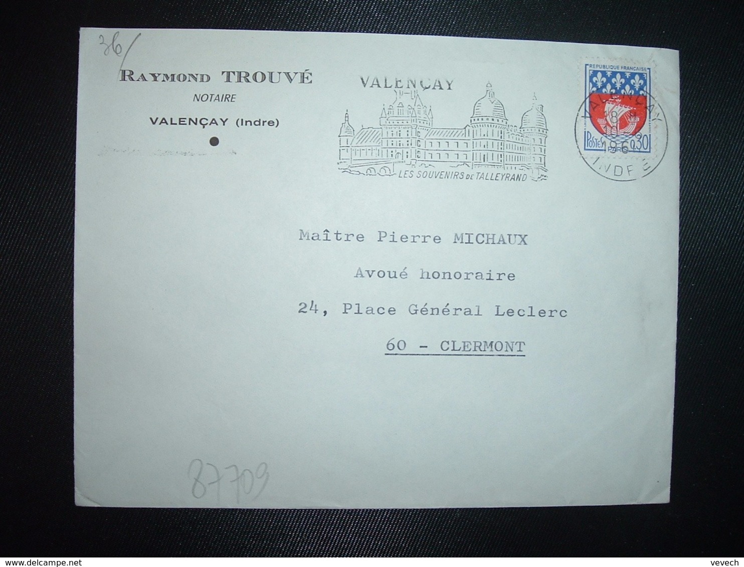 LETTRE TP BLASON PARIS 0,30 OBL.MEC.10-6 1966 VALENCAY INDRE (36) RAYMOND TROUVE Notaire - Otros & Sin Clasificación