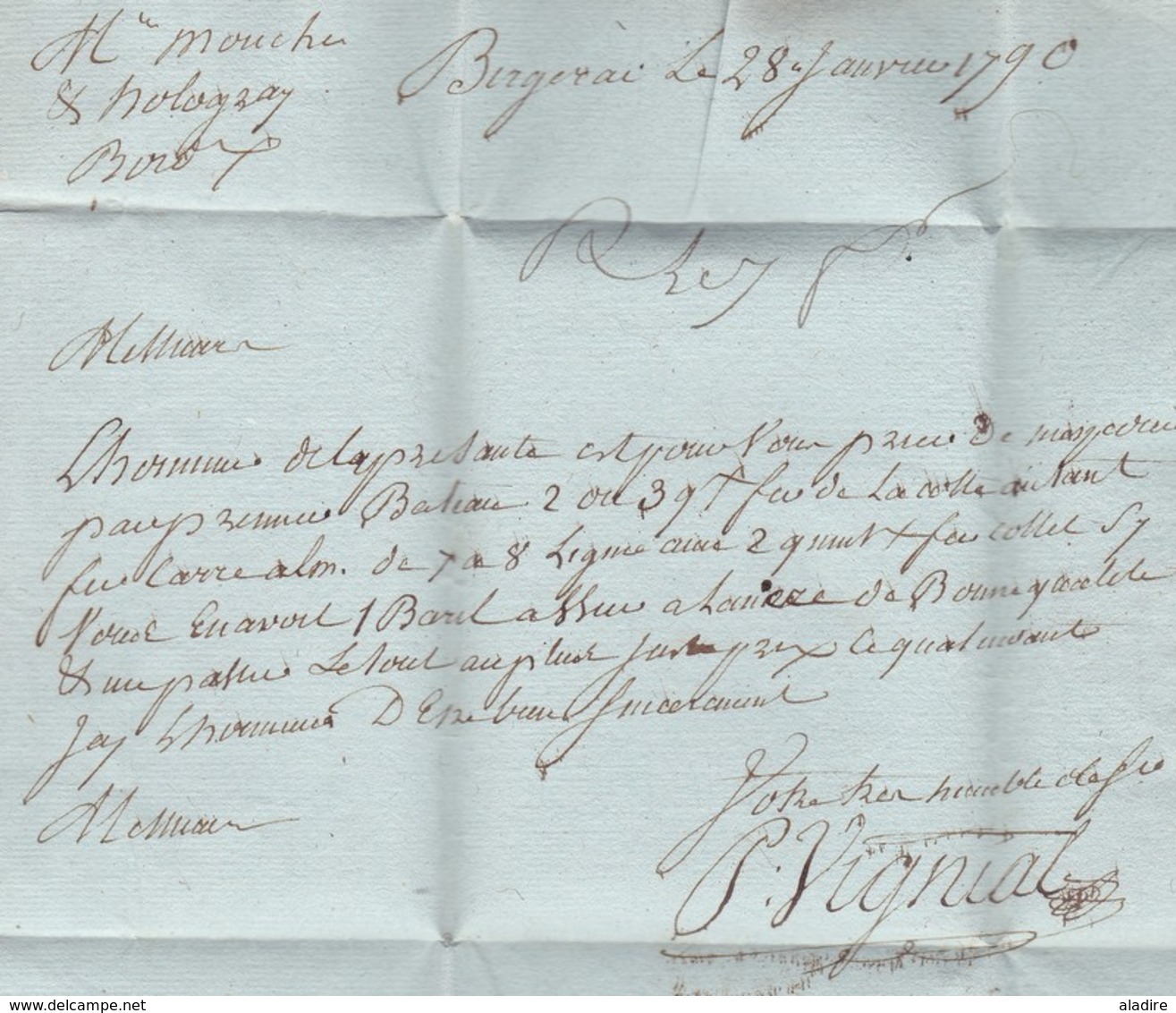 1790 - Marque Postale BERGERA, Bergerac, Dordogne Sur Lettre Avec Correspondance Vers Bordeaux, Gironde - Louis XVI - 1701-1800: Precursors XVIII