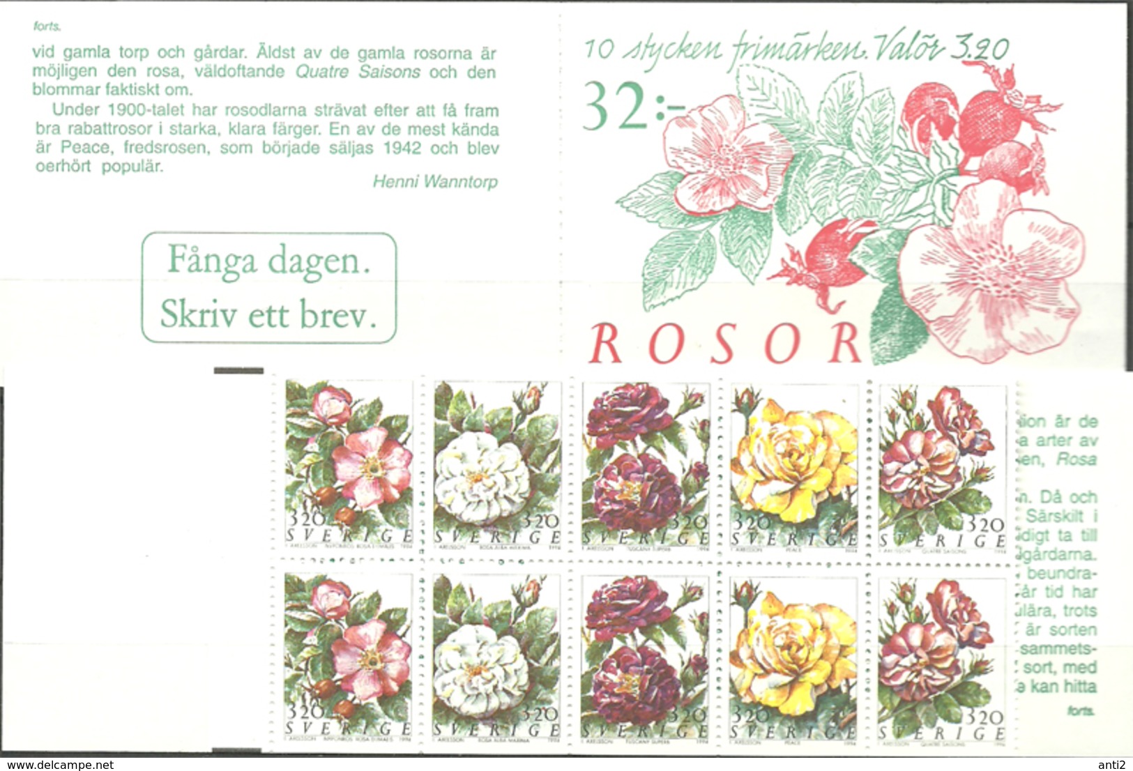 Sweden 1994 Flowers, Roses  Mi 1823-1827 In Booklet MH 192, MNH(**) - Ungebraucht