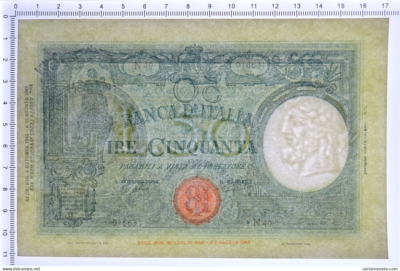 50 LIRE BARBETTI GRANDE L SENZA MATRICE BI RSI 08/10/1943 SUP - Otros