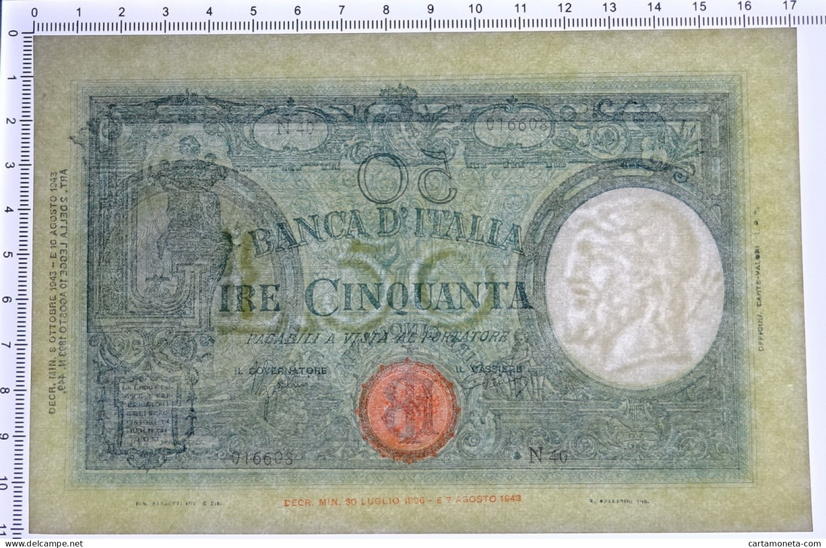 50 LIRE BARBETTI GRANDE L SENZA MATRICE BI RSI 08/10/1943 SUP - Regno D'Italia – Autres