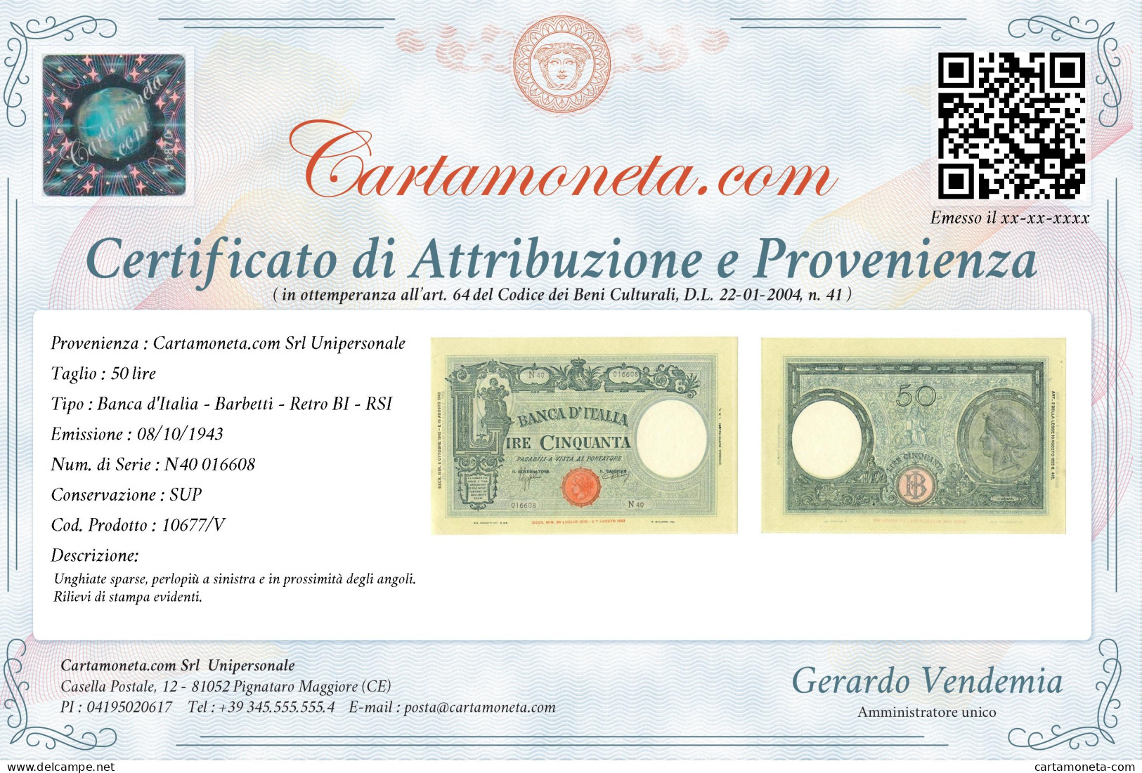 50 LIRE BARBETTI GRANDE L SENZA MATRICE BI RSI 08/10/1943 SUP - Andere