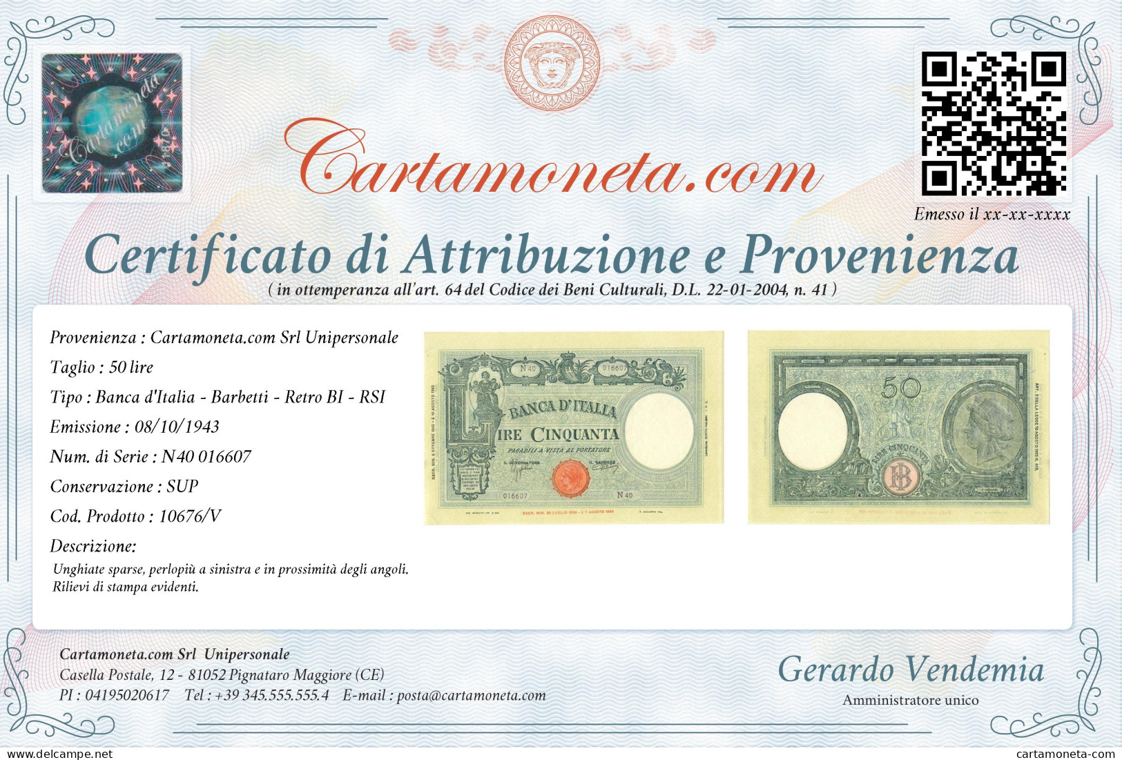 50 LIRE BARBETTI GRANDE L SENZA MATRICE BI RSI 08/10/1943 SUP - Andere