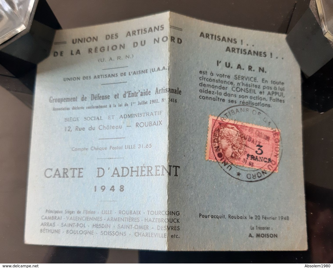 1948 CARTE UNION ARTISANS REGION DU NORD GARAGISTE AUTOS ORIGNY EN THIERACHE AISNE 02 UARN TIMBRE FISCAL GARAGE - Historische Dokumente