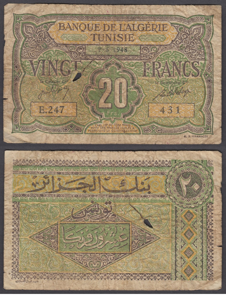 Algeria 20 Francs 1948 (VG) Condition Banknote P-103 - Algerije