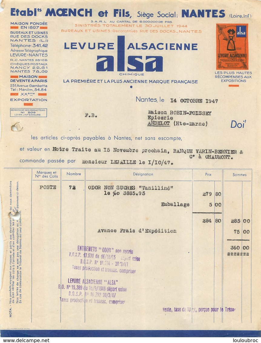 FACTURE 1947 ALSA LEVURE ALSACIENNE ETS MOENCH ET FILS A NANTES - 1900 – 1949