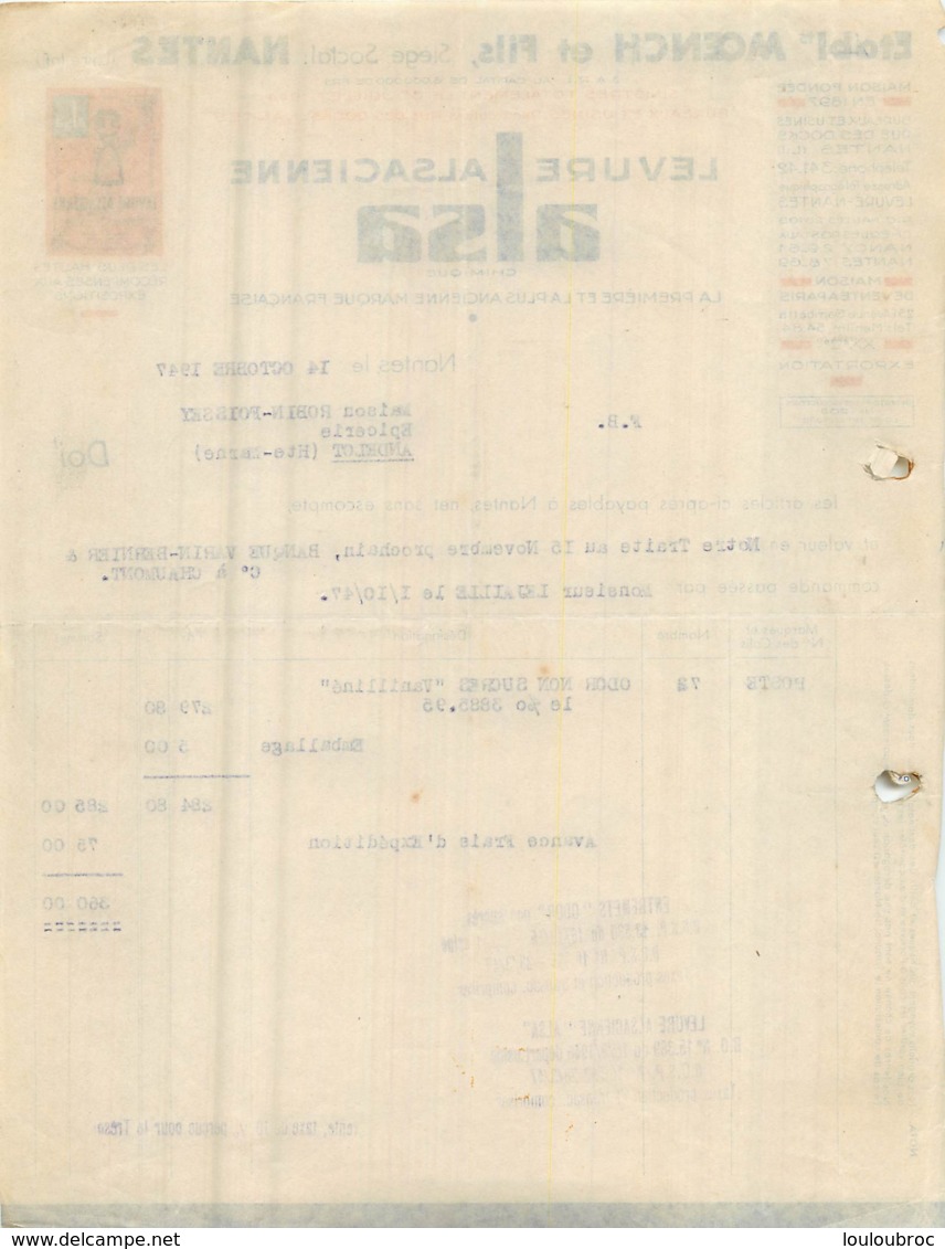 FACTURE 1947 ALSA LEVURE ALSACIENNE ETS MOENCH ET FILS A NANTES - 1900 – 1949