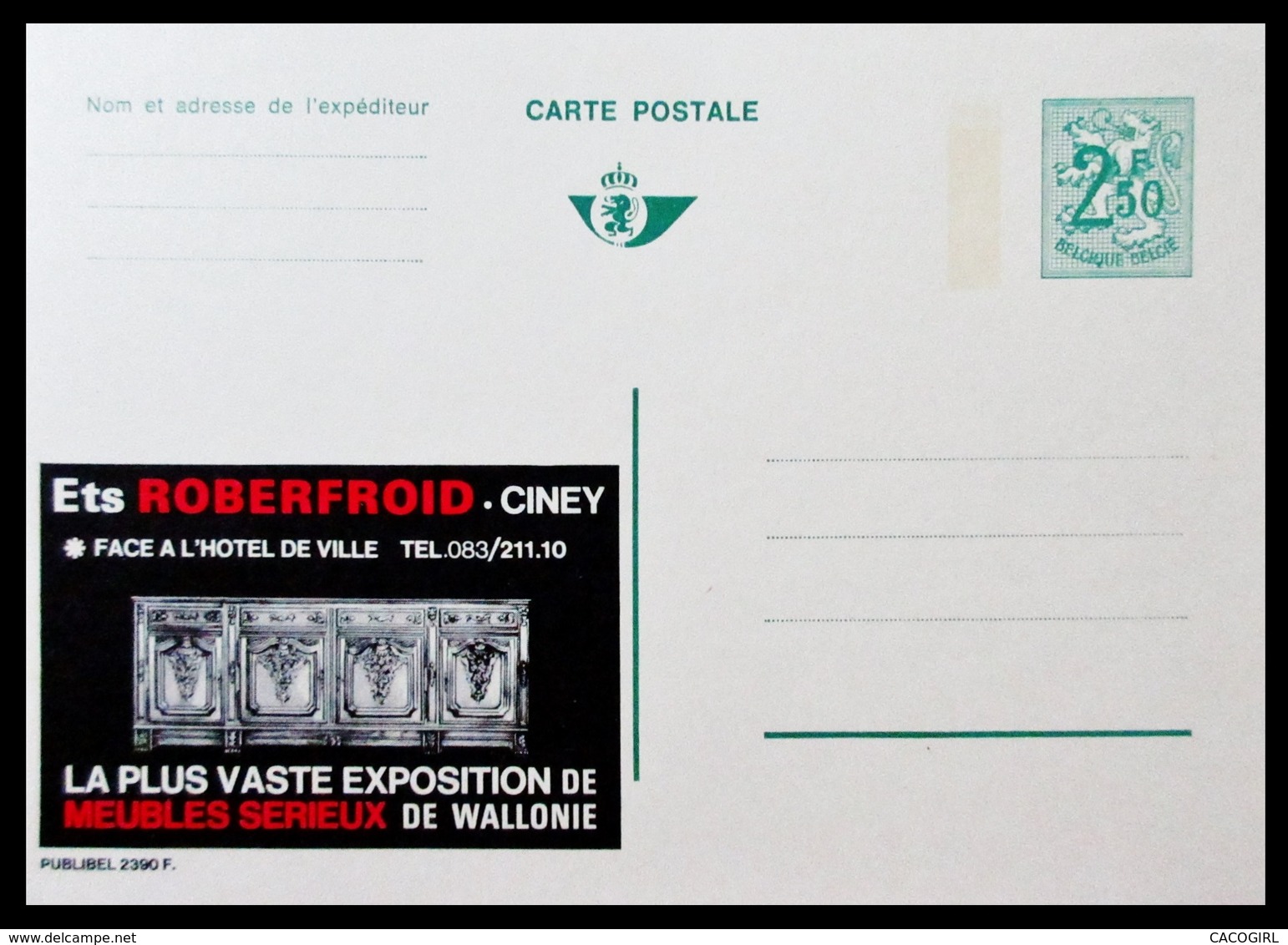 BELGIQUE ENTIER CP PUBLIBEL N° 2390 F. Ets ROBERFROID . CINEY . MEUBLES SERIEUX DE WALLONIE .  NEUF - Publibels