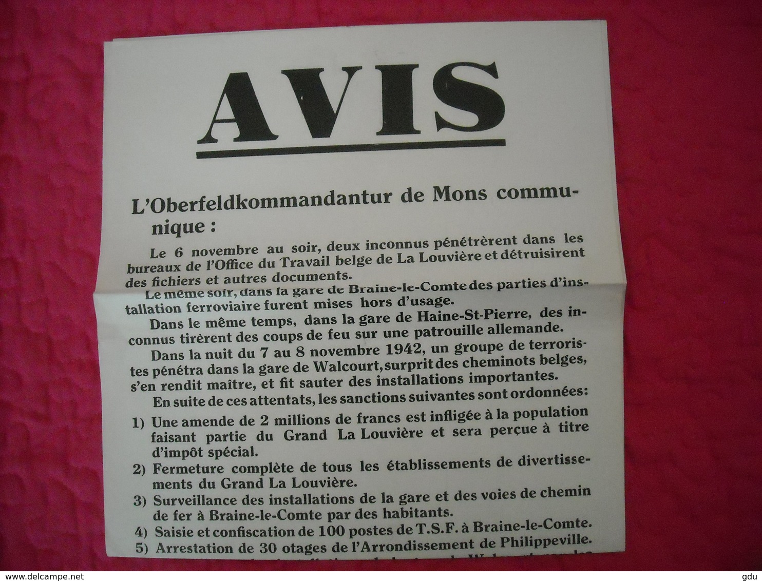 Avis Authentique émanant Oberfeldkommandantur De Mons 1942 (représailles Suite Attentats) - 1939-45