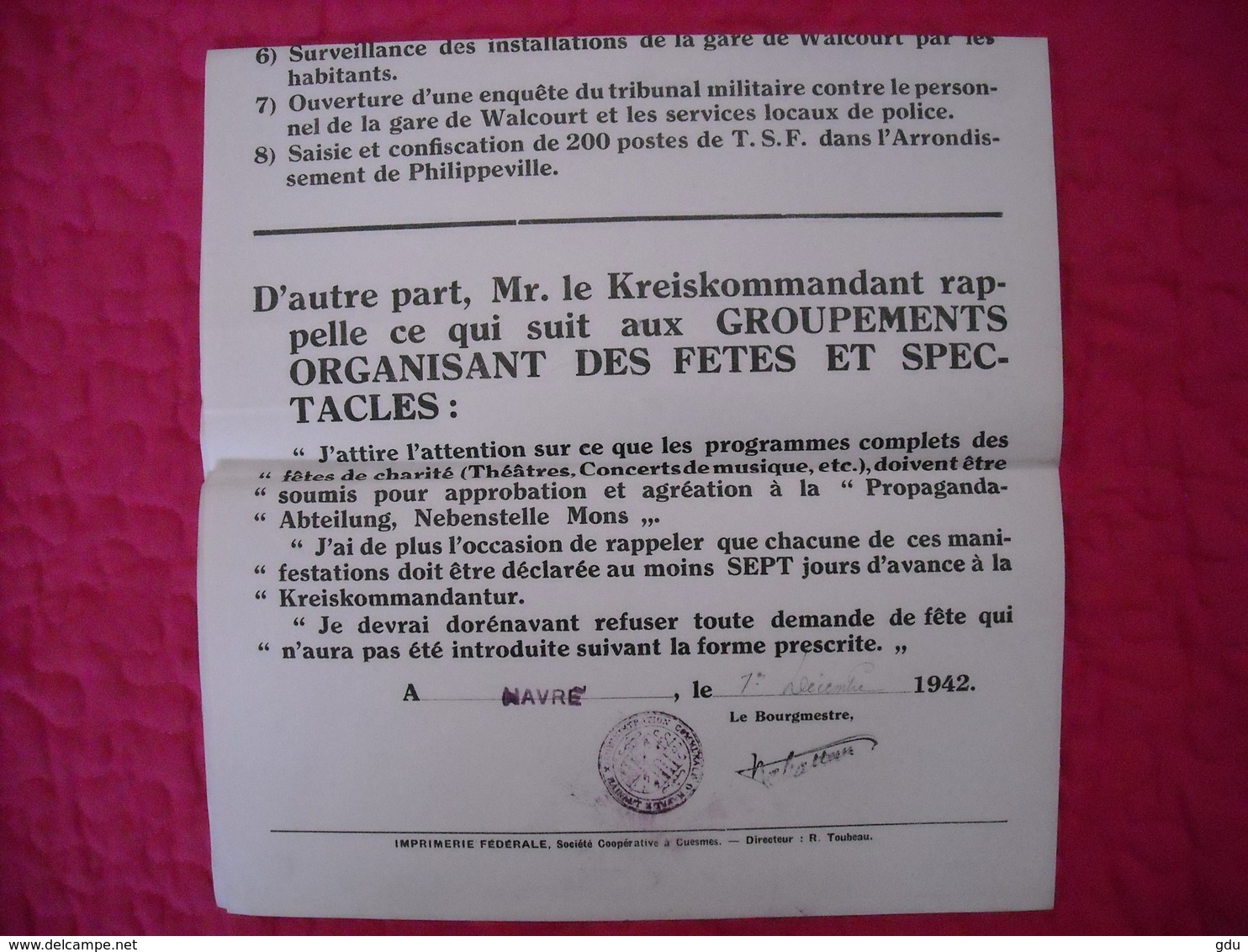 Avis Authentique émanant Oberfeldkommandantur De Mons 1942 (représailles Suite Attentats) - 1939-45