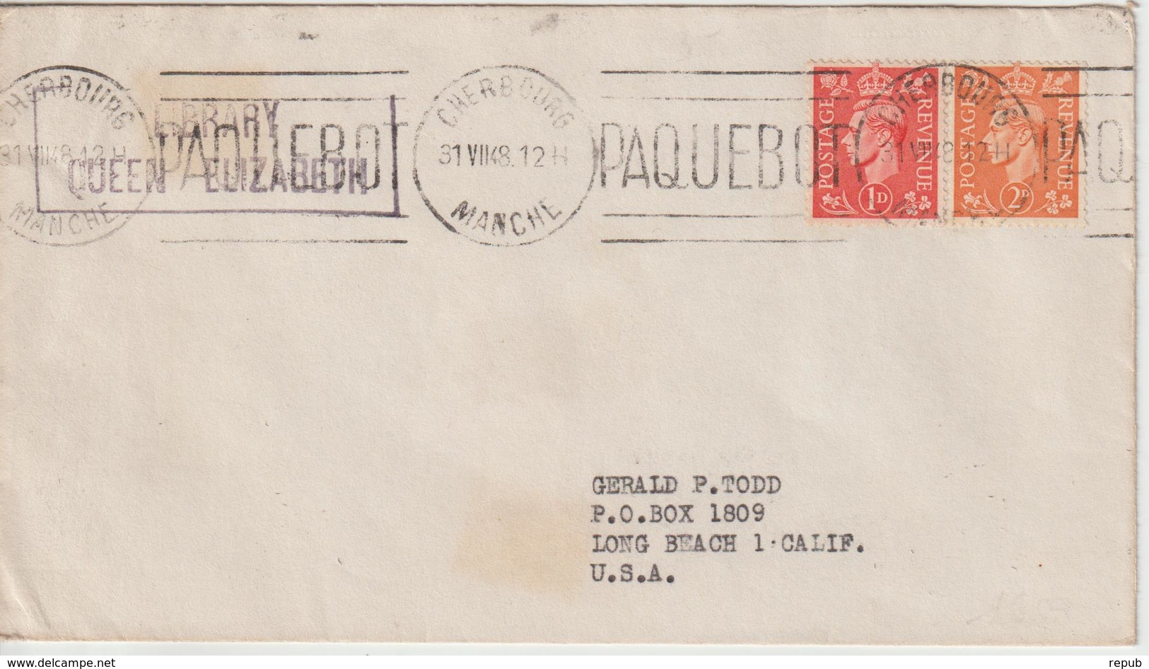 Lettre 1948 Pour Les USA Oblit. Cherbourg Paquebot Sur Timbre Anglais - 1921-1960: Modern Tijdperk