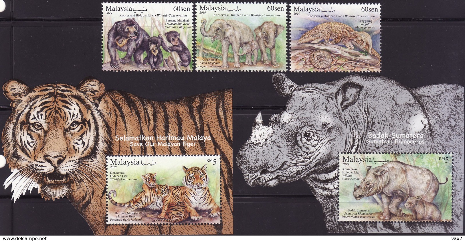 Malaysia 2019-8 Wildlife Conservation Set+M/S MNH Fauna Pangolin Elephant Bear Tiger Rhinoceros Unusual - Malaysia (1964-...)