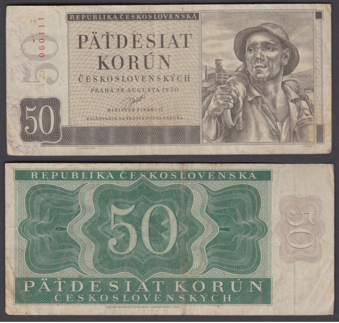 Czechoslovakia 50 Korun 1950 (F-VF) Condition Banknote P-71a WITHOUT PERFORATION - Tsjechoslowakije