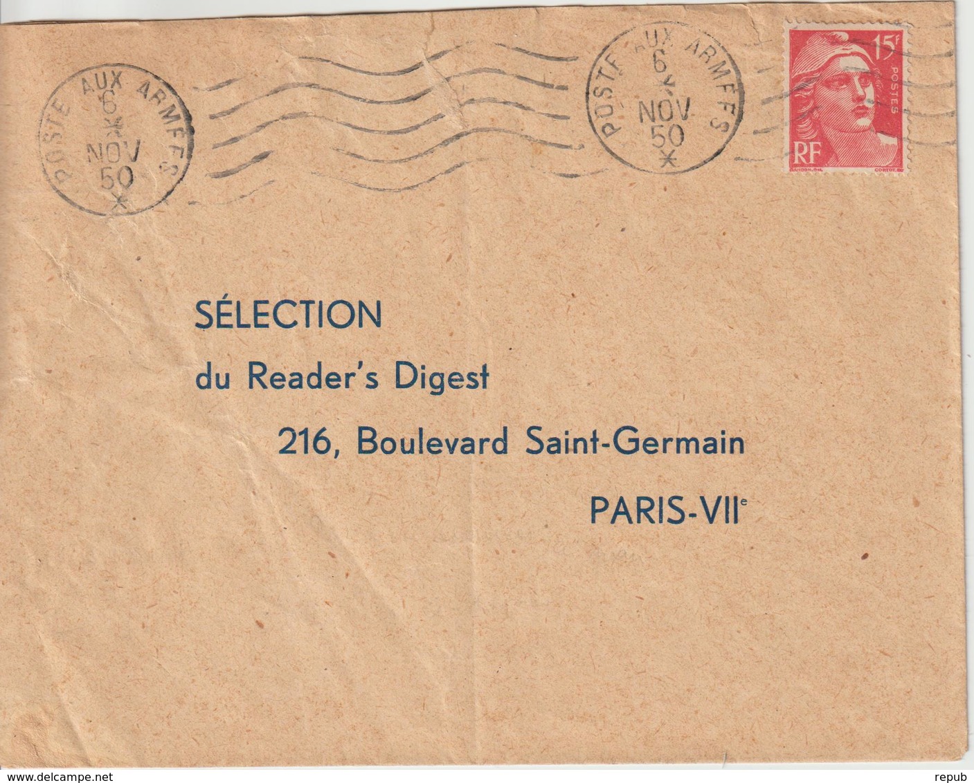 Lettre 1950 RBV Poste Aux Armées Sur 15f Gandon Pour Paris - Militärstempel Ab 1900 (ausser Kriegszeiten)