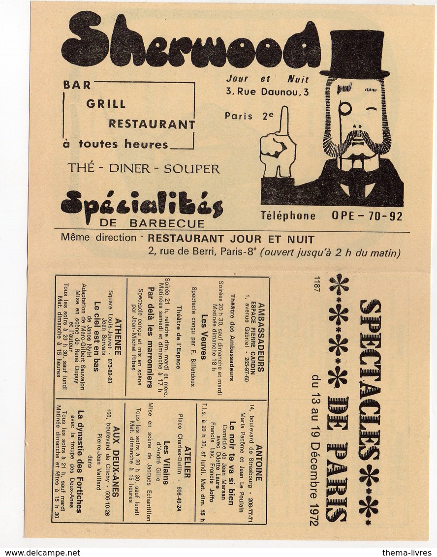 Paris: Programme Spectacles Décembre 1972 Avec Pub RESTAURANT SHERWOOD  (PPP19384) - Programmes