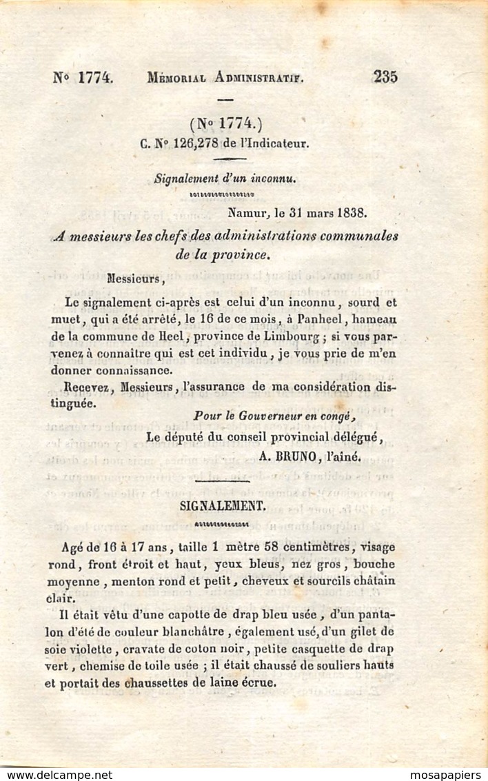 31 Mars 1838 - PANHEEL - HEEL (Limbourg) Signalement D'un Inconnu Sourd Et Muet (*) - Documenti Storici