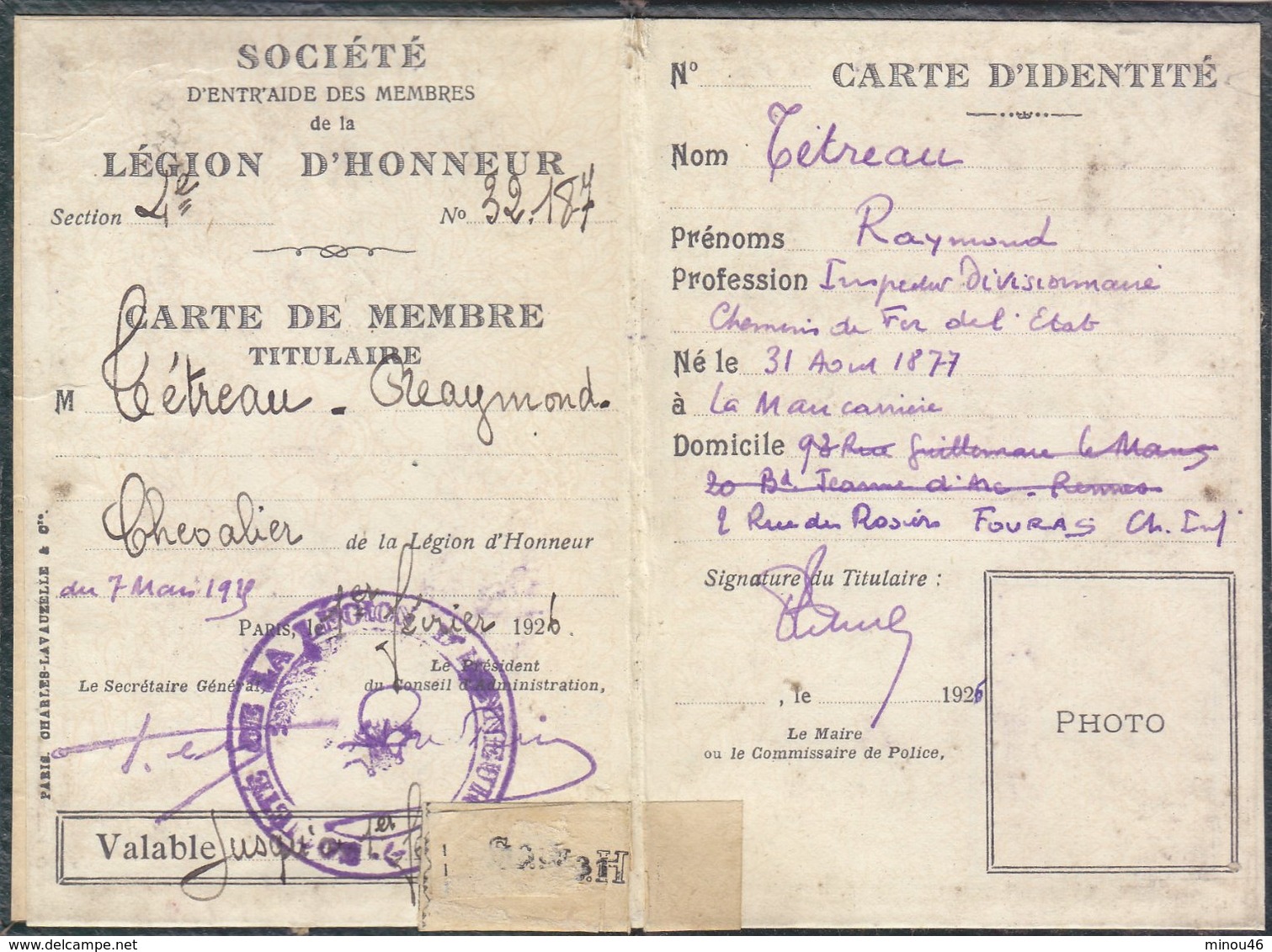 TRES RARE CARTE D IDENTITE D UN SOCIETAIRE ( CHEVALIER ) DE LA LEGION D HONNEUR. 1925. BON ETAT GENERAL - Documents Historiques