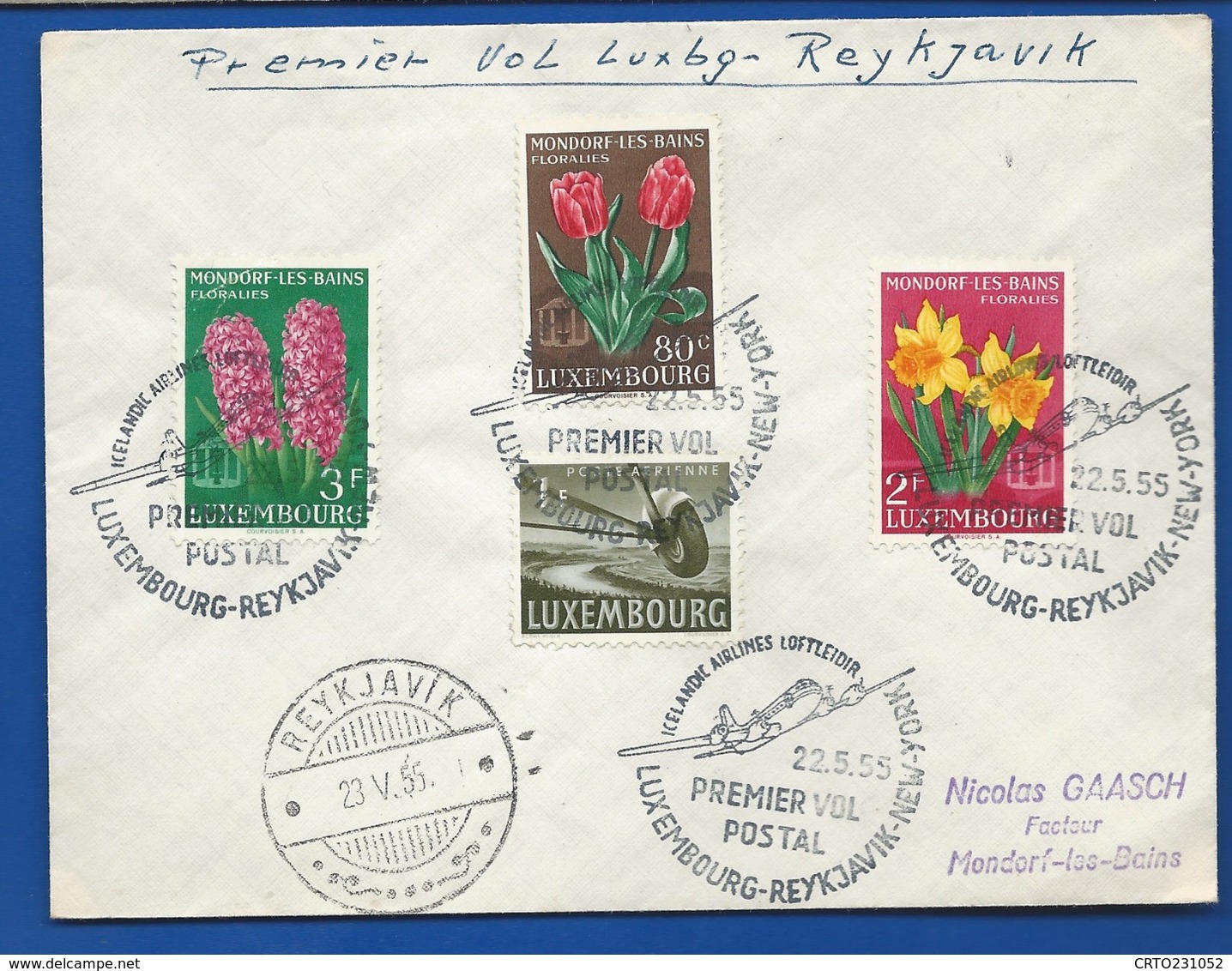 Enveloppe Affranchissement Divers   Oblitération : Premier Vol Postal  Luxembourg-Reykjavik 22/8/1955 - Autres & Non Classés