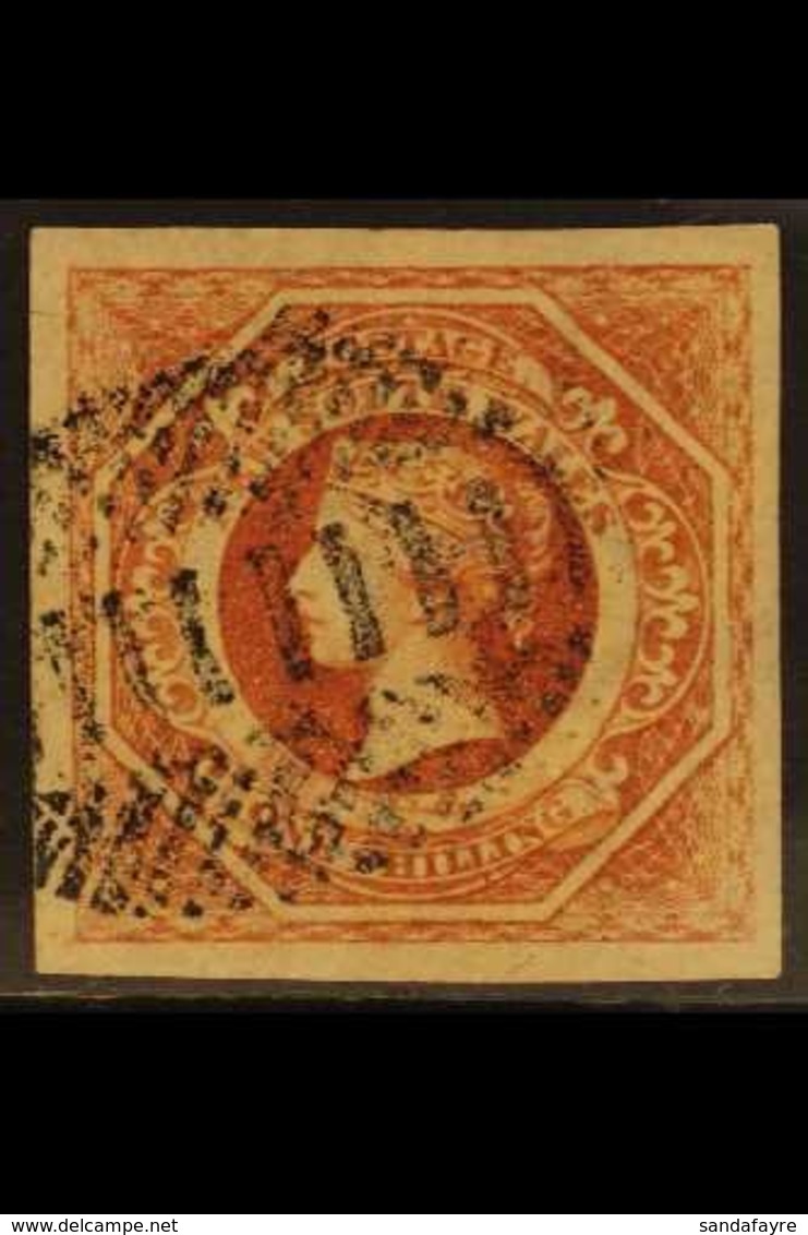 NEW SOUTH WALES 1854-59 1s Brownish Red, SG 101, Very Fine Used With Neat Barred Cancel, Four Large Margins, Tiny Scisso - Otros & Sin Clasificación