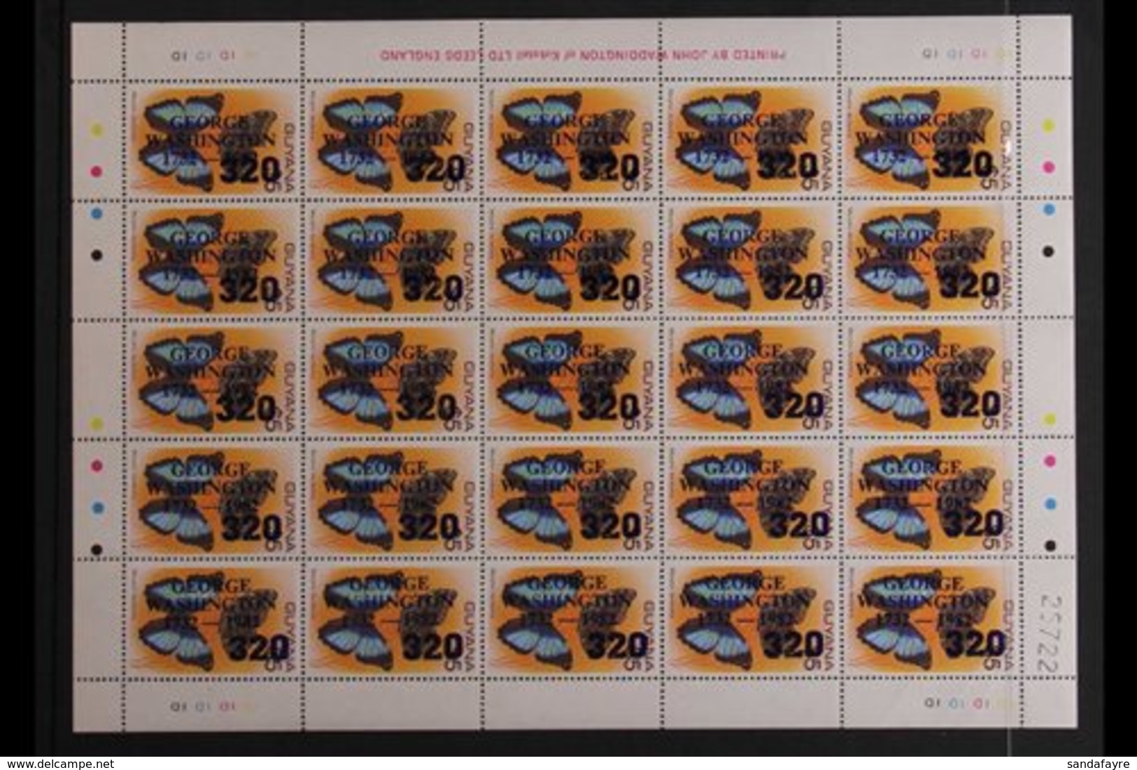 1984 320c On $5 Butterfly With "George Washington" Overprint, SG 1413, Superb Never Hinged Mint COMPLETE SHEETLET Of 25, - Guyana (1966-...)