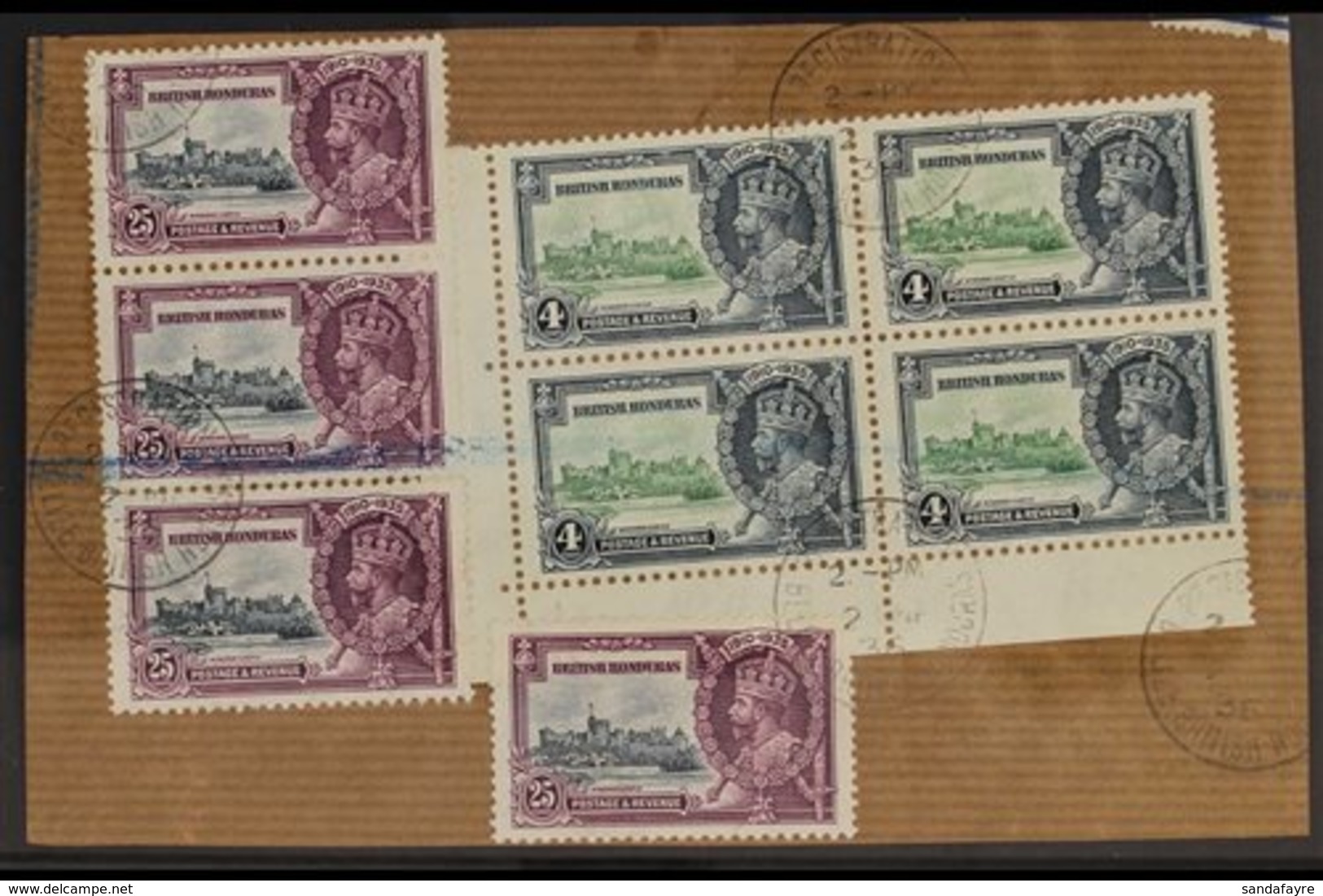 1935 SILVER JUBILEE VARIETY A Large "Registered" Piece Bearing A Corner Block Of 4 X 4d Green & Indigo (SG 144) & A Vert - British Honduras (...-1970)