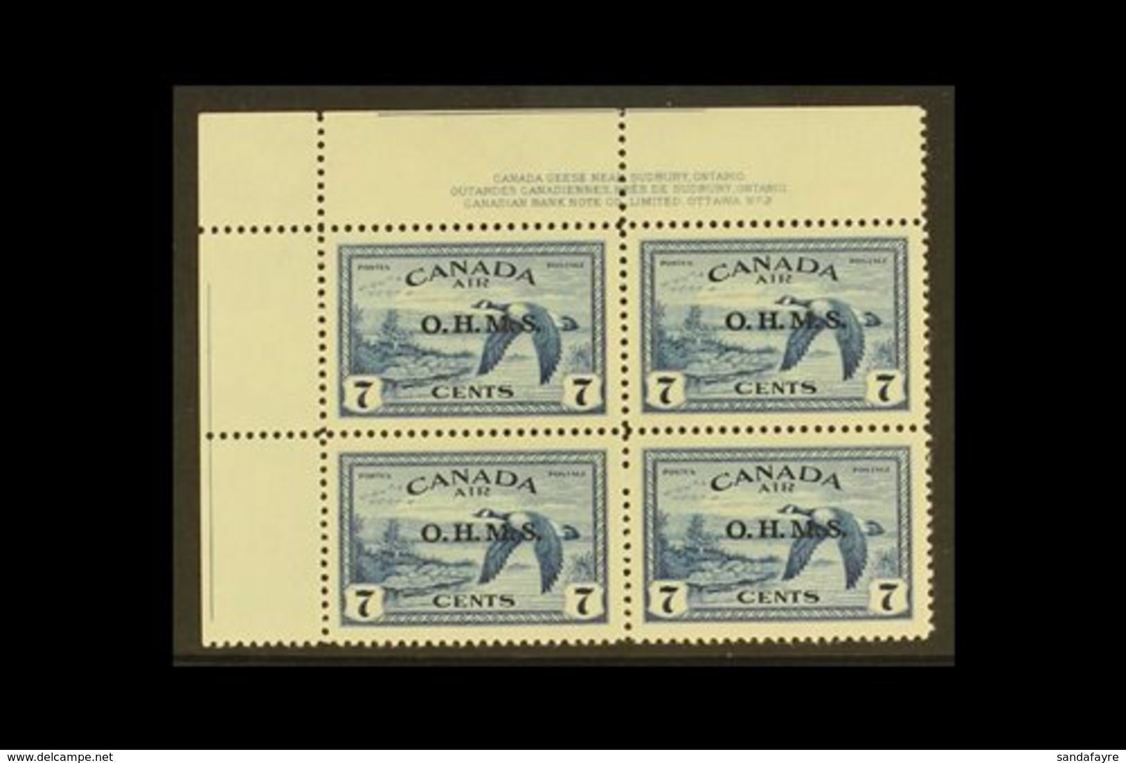 OFFICIAL 1949 7c Blue Air Canada Geese With "O.H.M.S." Overprint, SG O171, Top Left Hand Corner PLATE BLOCK Of Four With - Otros & Sin Clasificación