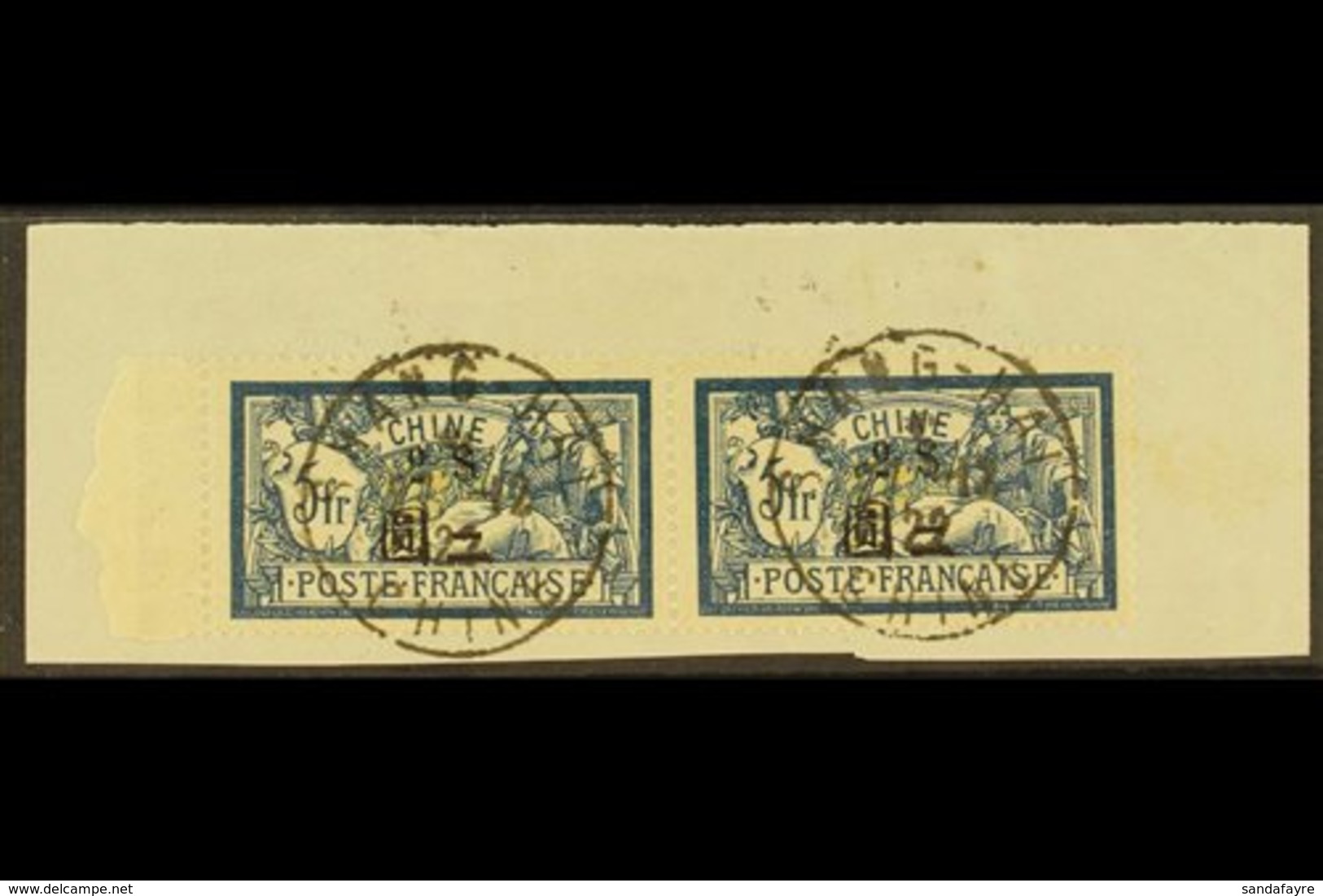 FRENCH OFFICES 1911 - 21 $2 On 5fr Deep Blue And Buff, SG 91, Horizontal Marginal Pair Tied On Piece By Shanghai Cds Can - Otros & Sin Clasificación