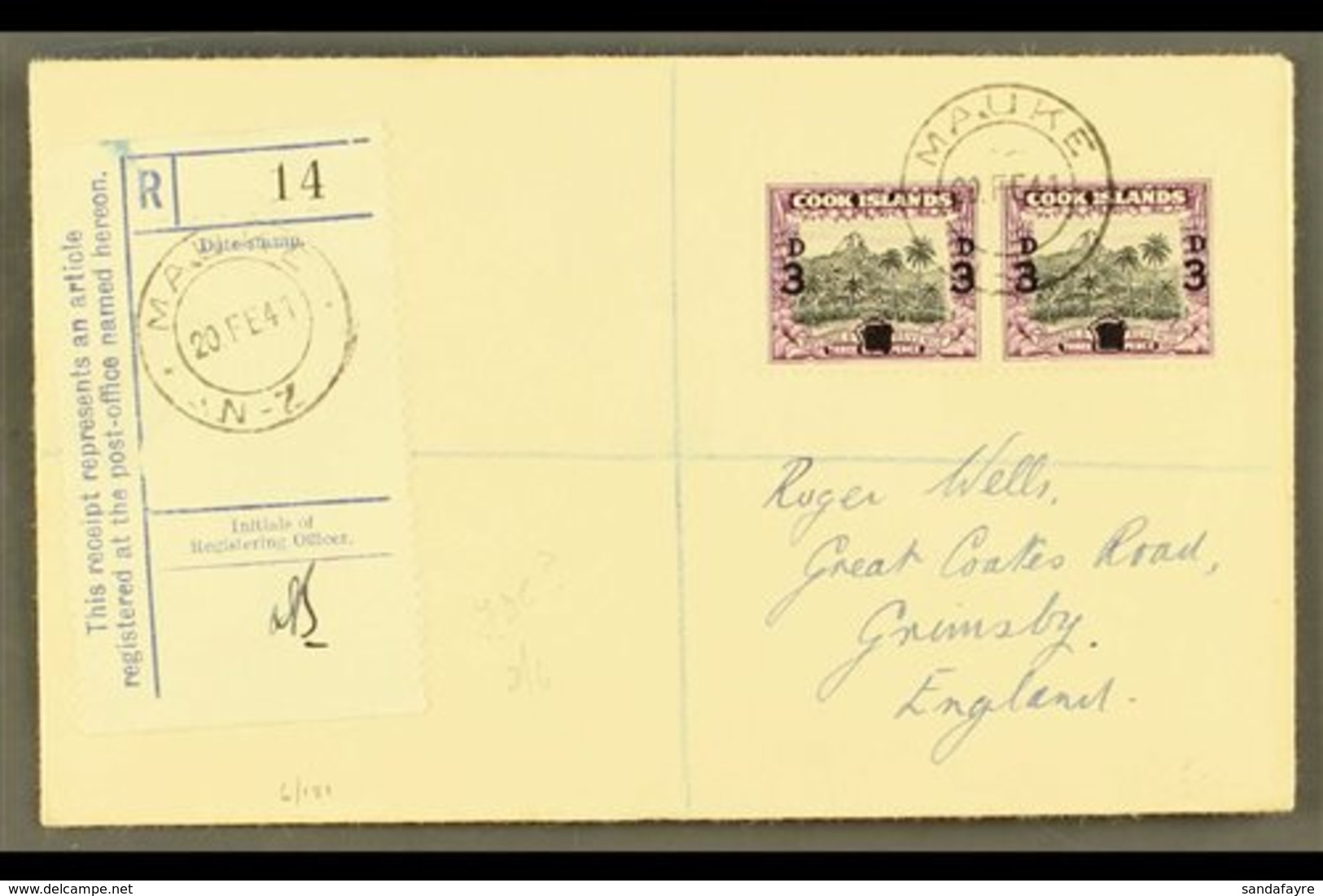 1940 3d On 1½d Black And Purple, SG 130, Horizontal Pair On Neat 1941 "Wells" Envelope Registered MAUKE To England. For  - Cook Islands