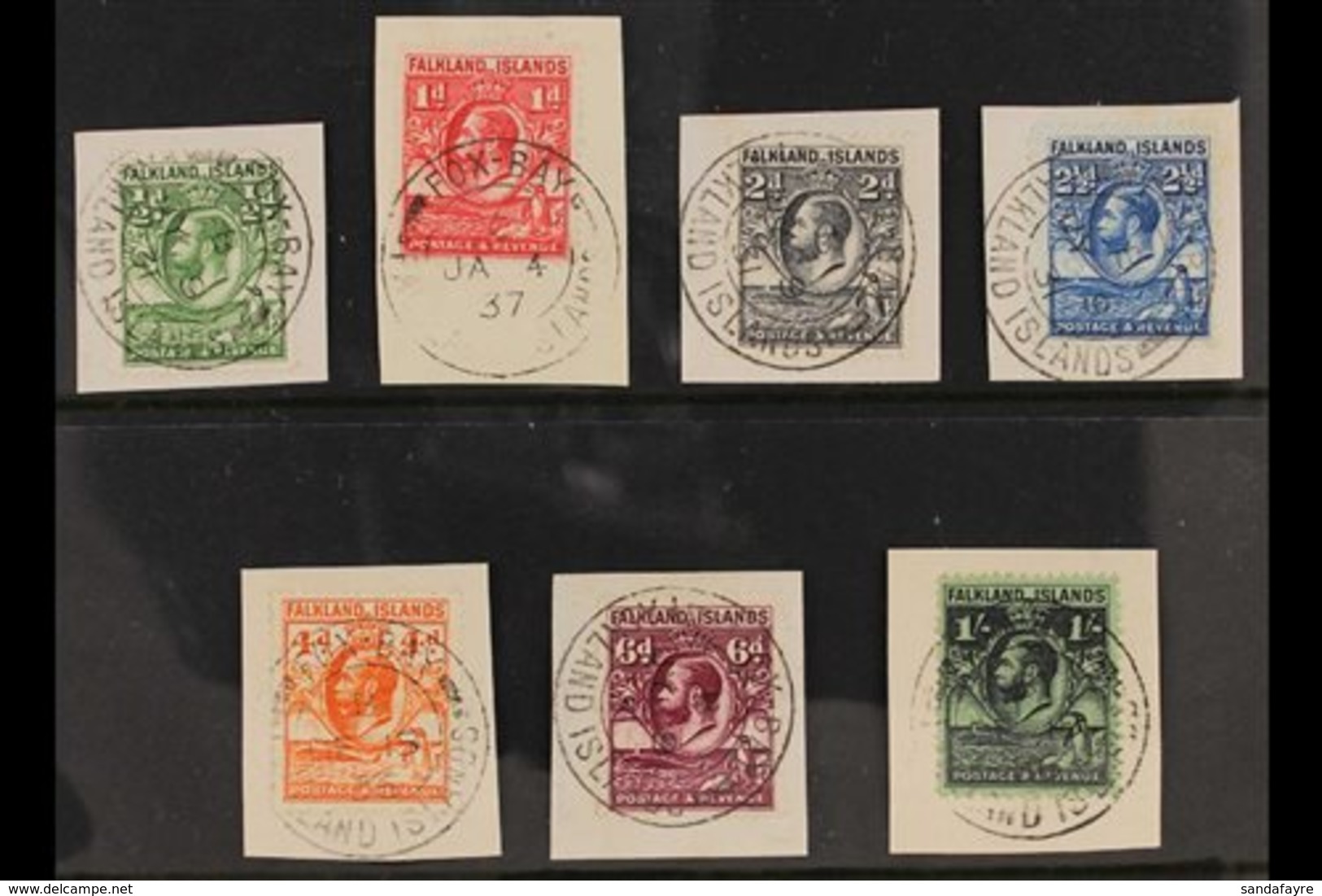 FOX BAY 1929-37 Complete Set To 1s, SG 116/22, Very Fine Used On Pieces Tied By Complete Or Virtually Complete "FOX BAY" - Islas Malvinas