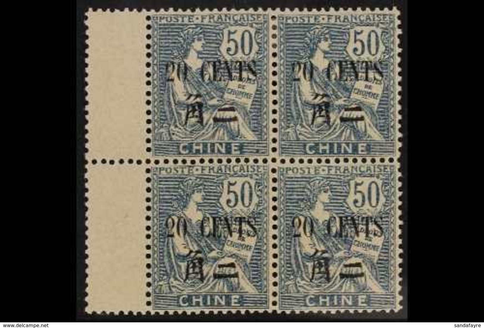 FRENCH POST OFFICES IN CHINA 1912-21 20c On 50c Blue (SG 89, Yvert 88) Fine Mint Marginal BLOCK OF FOUR. For More Images - Altri & Non Classificati