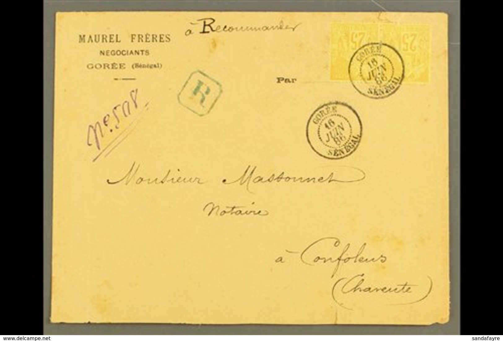 SENEGAL GOREE 1881 25c Yellow-bistre Of General Issues Horiz Pair, Maury 53, On Prtd Reg Cover To France Tied By Very Fi - Altri & Non Classificati